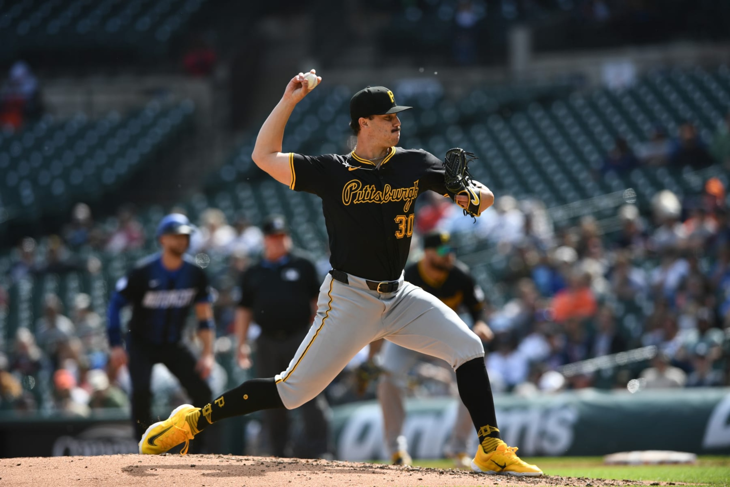 DETROIT, MICHIGAN - MAY 29, 2024: Paul Skenes #30 of the Pittsburgh Pirates throws a pitch during the third inning in game two of a doubleheader against the Detroit Tigers at Comerica Park on May 29, 2024 in Detroit, Michigan. (Photo by George Kubas/Diamond Images via Getty Images)