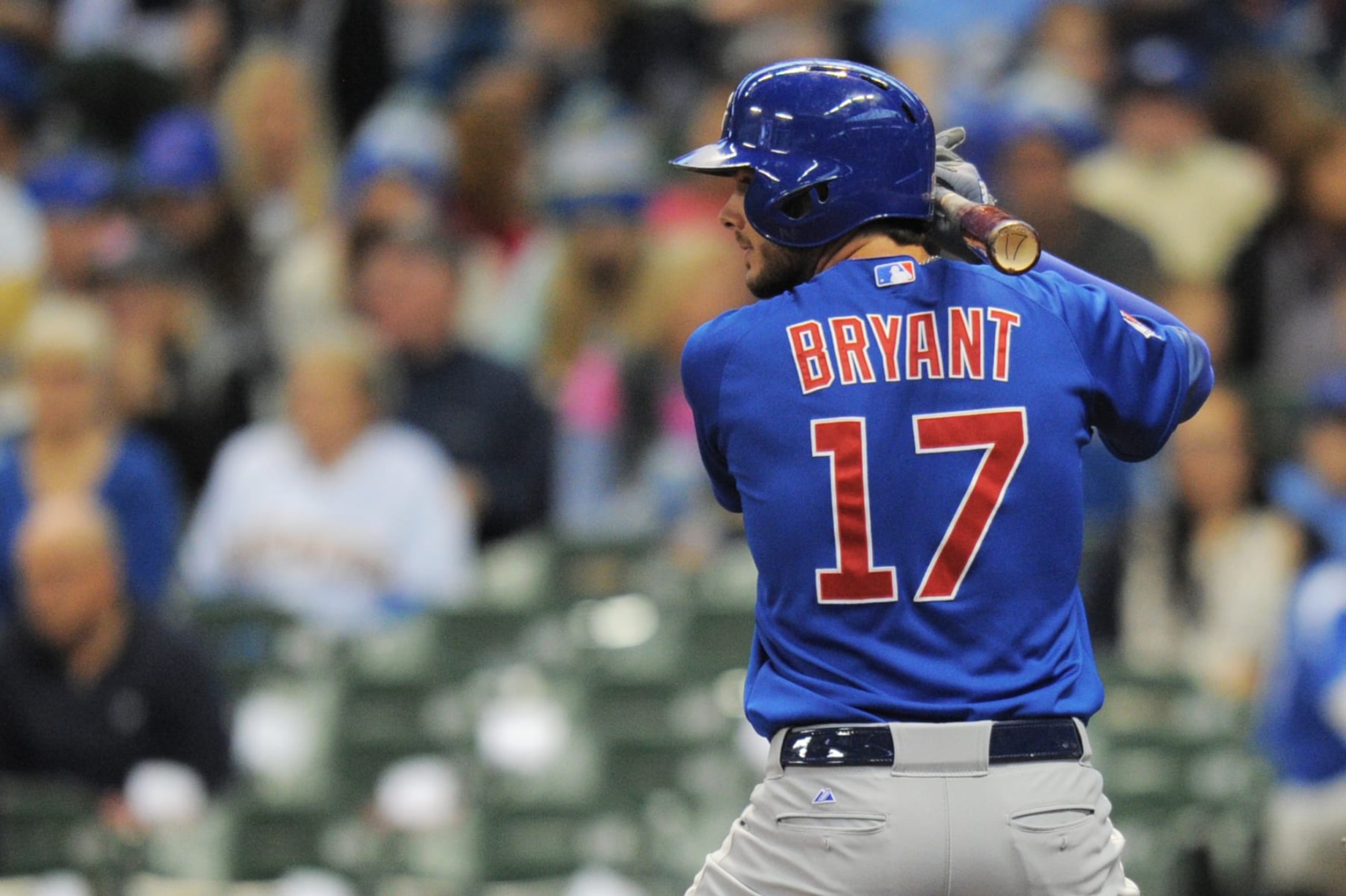 04 October 2015: Chicago Cubs Third base Kris Bryant (17) [10177] at bat during a game between the Chicago Cubs and Milwaukee Brewers at Miller Park in Milwaukee, WI. (Photo by Patrick Gorski/Icon Sportswire) (Photo by Patrick Gorski/Icon Sportswire/Corbis/Icon Sportswire via Getty Images)