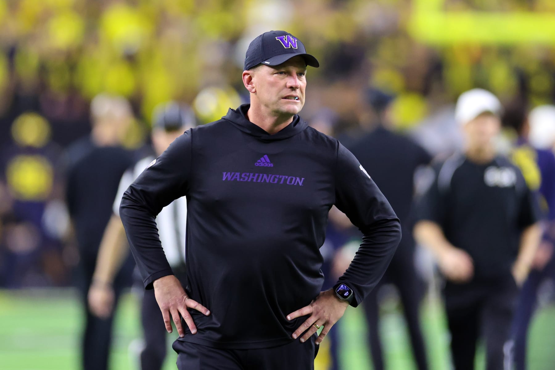 HOUSTON, TEXAS - JANUARY 08: Head coach Kalen DeBoer of the Washington Huskies reacts prior to the 2024 CFP National Championship game against the Michigan Wolverines at NRG Stadium on January 08, 2024 in Houston, Texas. (Photo by Stacy Revere/Getty Images)