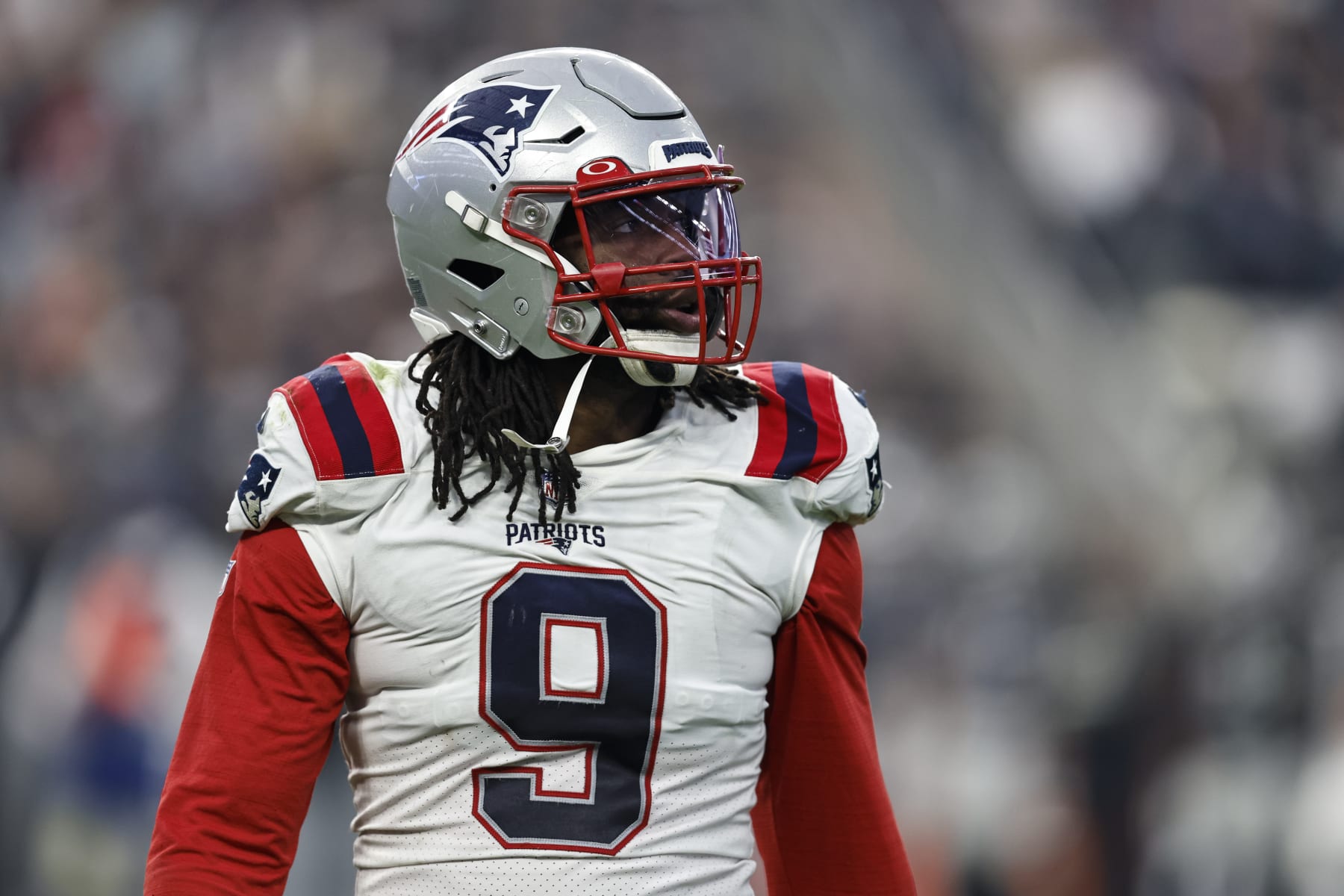 LAS VEGAS, NEVADA - DECEMBER 18: Matthew Judon #9 of the New England Patriots looks on during an NFL football game between the Las Vegas Raiders and the New England Patriots at Allegiant Stadium on December 18, 2022 in Las Vegas, Nevada. (Photo by Michael Owens/Getty Images)