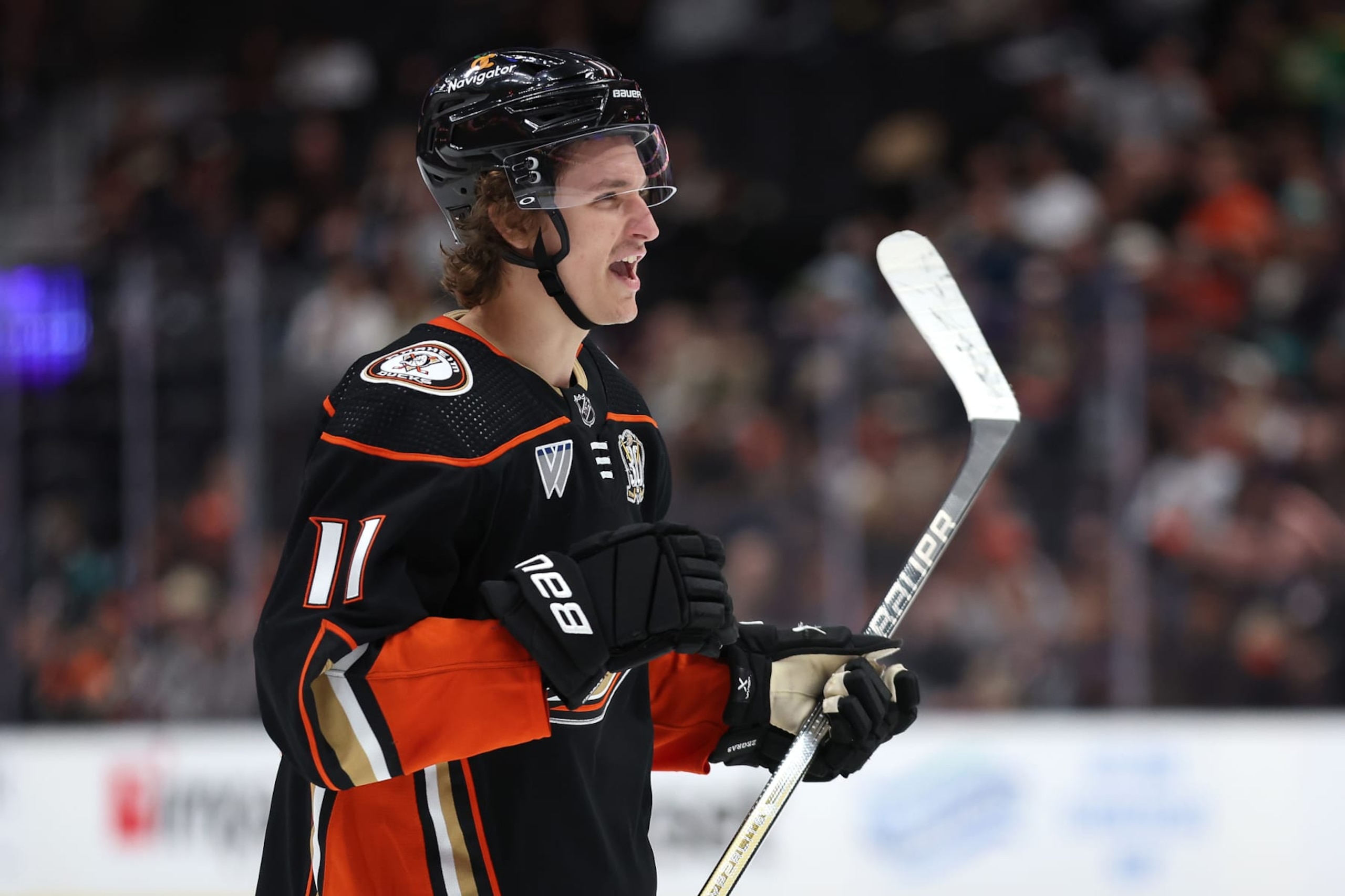 ANAHEIM, CALIFORNIA - APRIL 07: Trevor Zegras #11 of the Anaheim Ducks looks on during the third period of a game against the St. Louis Blues at Honda Center on April 07, 2024 in Anaheim, California. (Photo by Sean M. Haffey/Getty Images) ANAHEIM, CALIFORNIA - APRIL 07: Trevor Zegras #11 of the Anaheim Ducks looks on during the third period of a game against the St. Louis Blues at Honda Center on April 07, 2024 in Anaheim, California. (Photo by Sean M. Haffey/Getty Images)