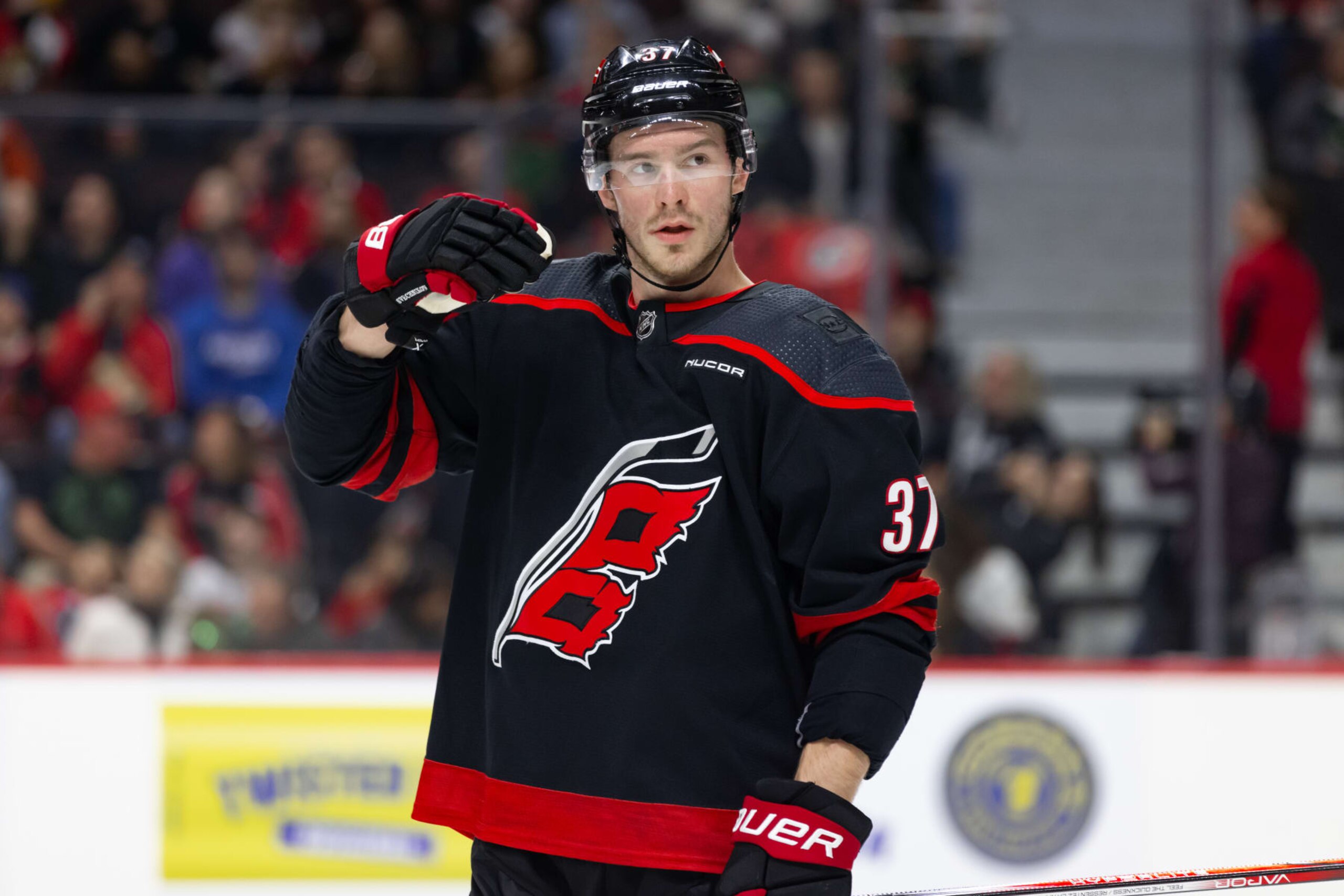 OTTAWA, ON - MARCH 17: Carolina Hurricanes Left Wing Andrei Svechnikov (37) before a face-off during second period National Hockey League action between the Carolina Hurricanes and Ottawa Senators on March 17, 2024, at Canadian Tire Centre in Ottawa, ON, Canada. (Photo by Richard A. Whittaker/Icon Sportswire via Getty Images) OTTAWA, ON - MARCH 17: Carolina Hurricanes Left Wing Andrei Svechnikov (37) before a face-off during second period National Hockey League action between the Carolina Hurricanes and Ottawa Senators on March 17, 2024, at Canadian Tire Centre in Ottawa, ON, Canada. (Photo by Richard A. Whittaker/Icon Sportswire via Getty Images)