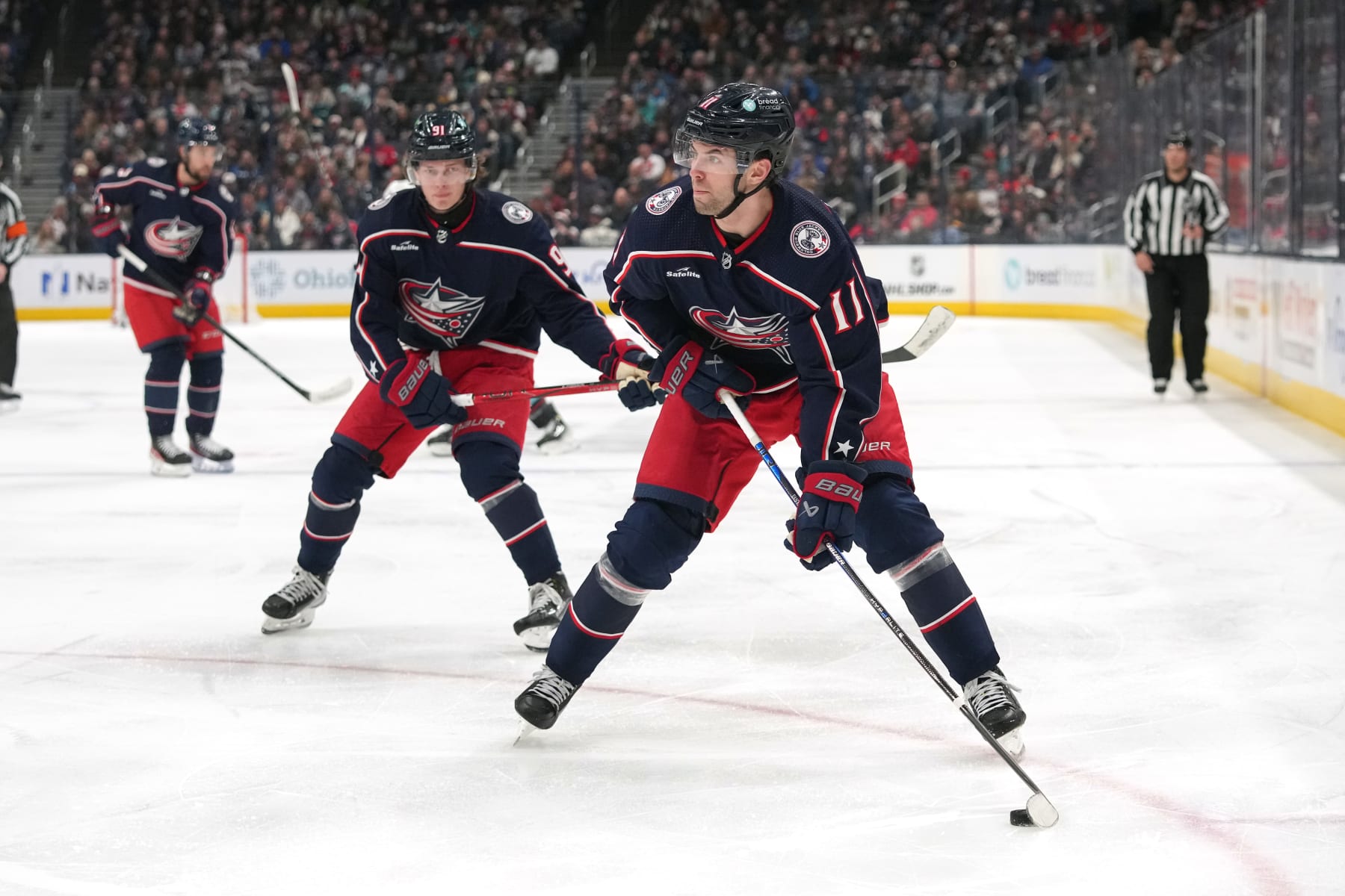 COLUMBUS, OHIO - JANUARY 13: Adam Fantilli #11 of the Columbus Blue Jackets skates with the puck during the second period against the Seattle Kraken at Nationwide Arena on January 13, 2024 in Columbus, Ohio. (Photo by Jason Mowry/Getty Images)
