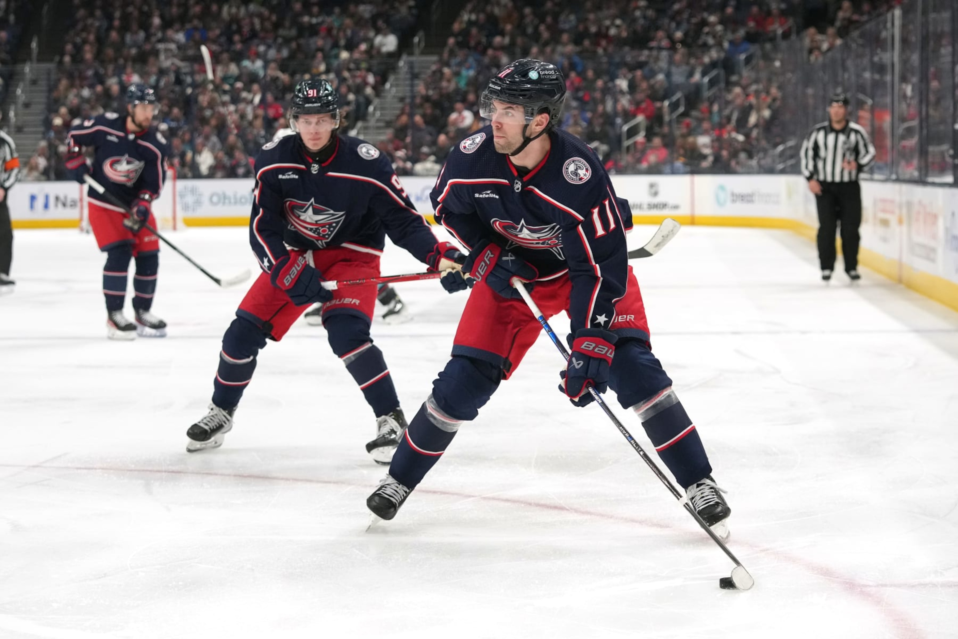 COLUMBUS, OHIO - JANUARY 13: Adam Fantilli #11 of the Columbus Blue Jackets skates with the puck during the second period against the Seattle Kraken at Nationwide Arena on January 13, 2024 in Columbus, Ohio. (Photo by Jason Mowry/Getty Images)