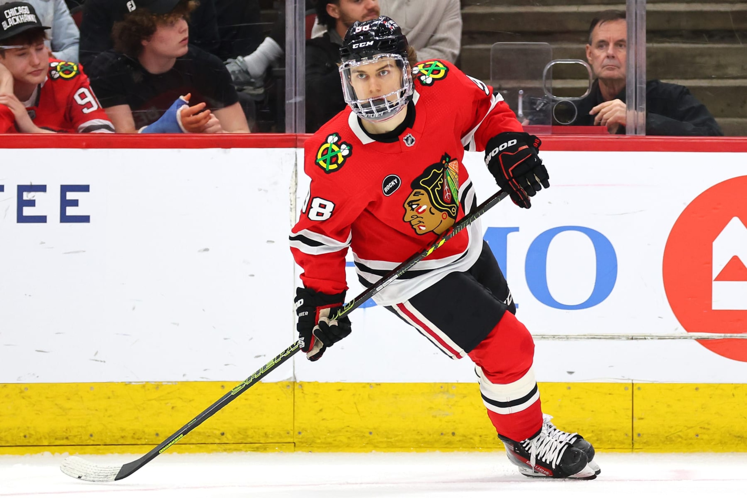 CHICAGO, ILLINOIS - APRIL 12: Connor Bedard #98 of the Chicago Blackhawks skates against the Nashville Predators during the second period at the United Center on April 12, 2024 in Chicago, Illinois. (Photo by Michael Reaves/Getty Images) CHICAGO, ILLINOIS - APRIL 12: Connor Bedard #98 of the Chicago Blackhawks skates against the Nashville Predators during the second period at the United Center on April 12, 2024 in Chicago, Illinois. (Photo by Michael Reaves/Getty Images)