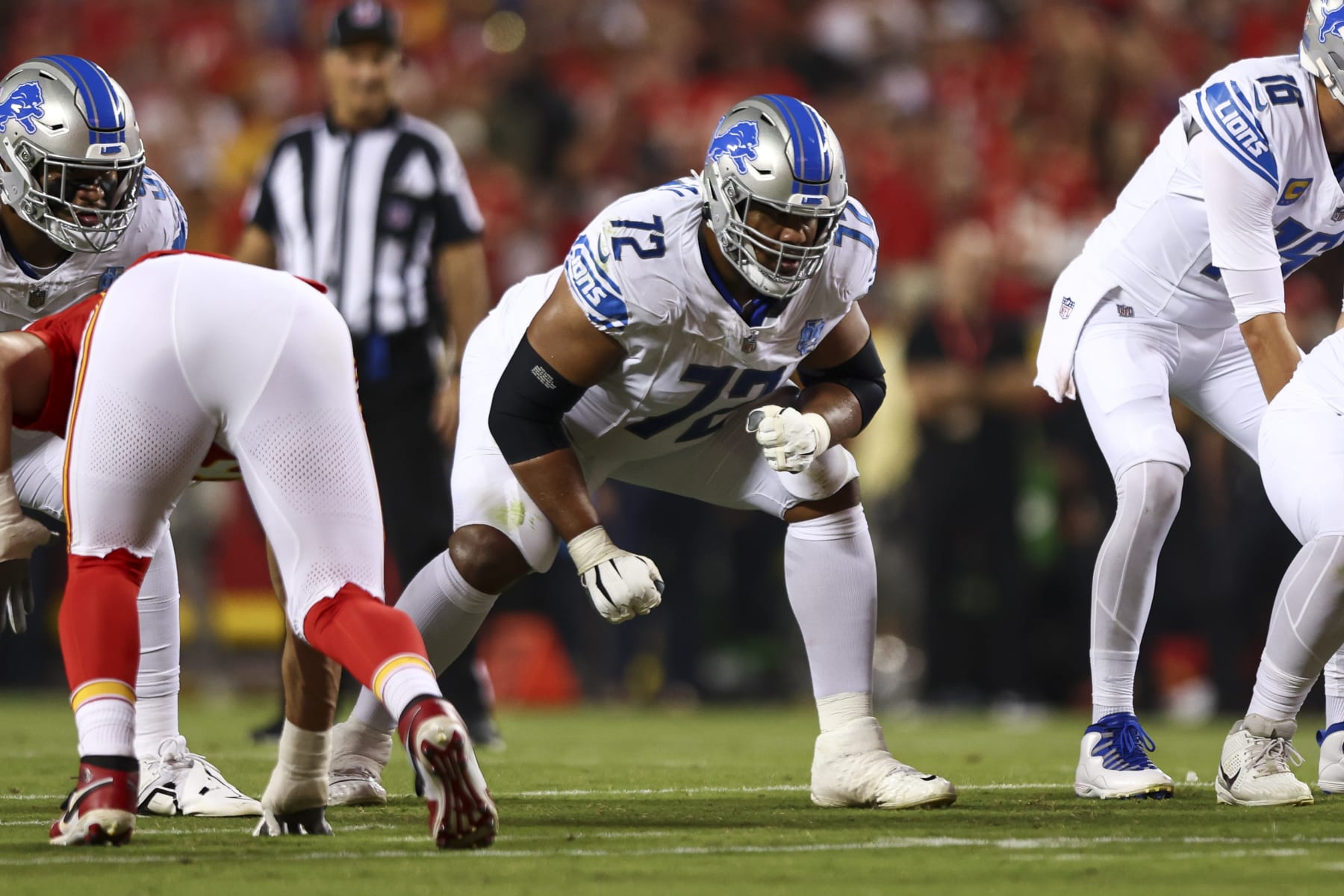 KANSAS CITY, MO - SEPTEMBER 7: Halapoulivaati Vaitai #72 of the Detroit Lions lines up before a play during an NFL football game against the Kansas City Chiefs at GEHA Field at Arrowhead Stadium on September 7, 2023 in Kansas City, Missouri. (Photo by Kevin Sabitus/Getty Images)