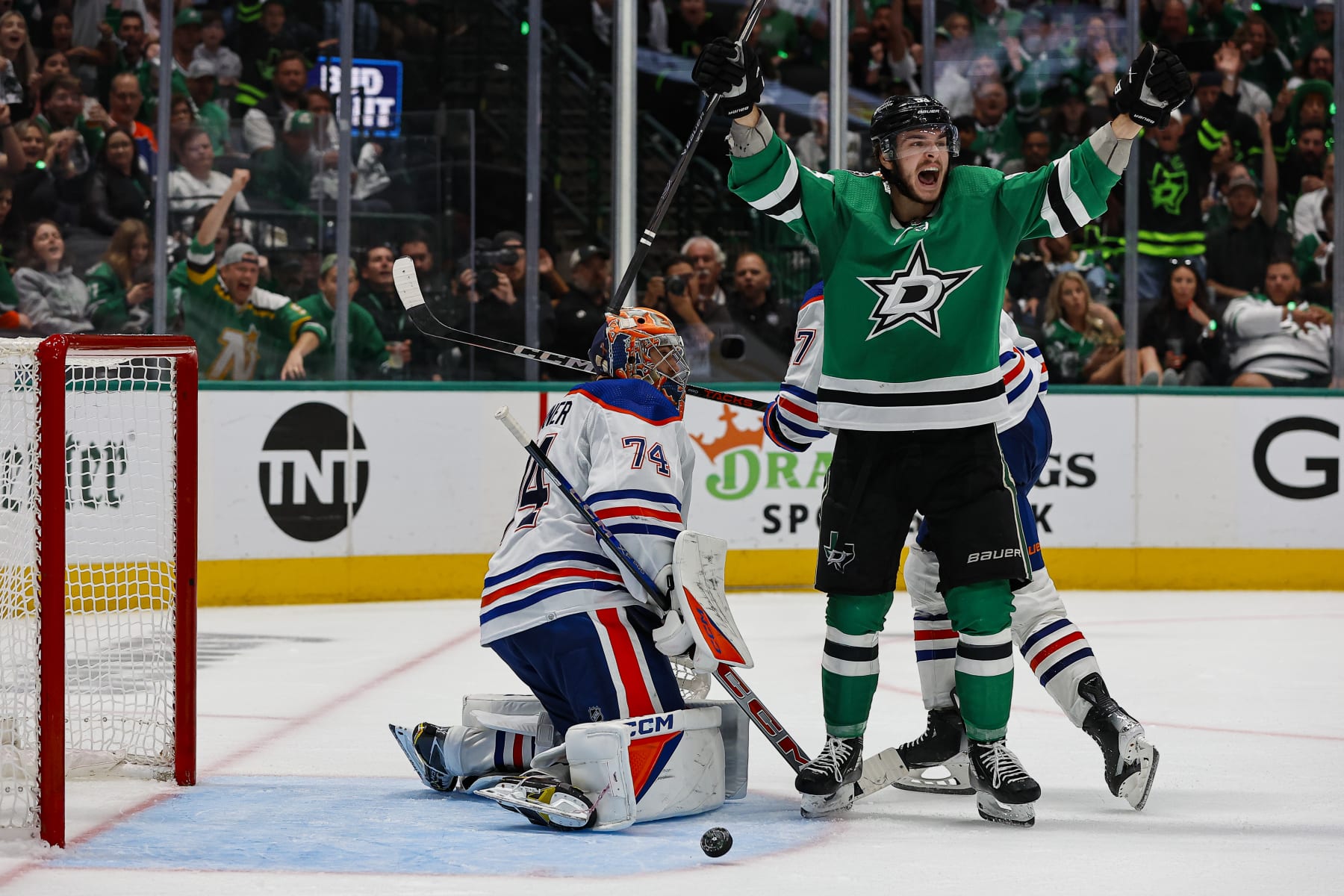 DALLAS, TX - MAY 31: Dallas Stars center Wyatt Johnston (53) celebrates scoring a goal during game 5 of the Western Conference Final between the Dallas Stars and the Edmonton Oilers on May 31, 2024 at American Airlines Center in Dallas, Texas. (Photo by Matthew Pearce/Icon Sportswire via Getty Images)