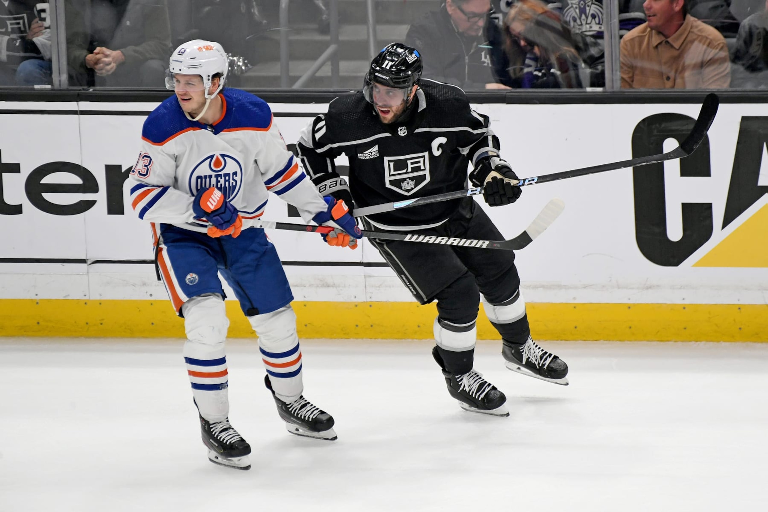 LOS ANGELES, CA - APRIL 28: Edmonton Oilers Winger Mattias Janmark (13) and Los Angeles Kings Center Anze Kopitar (11) turn towards the play during game four of the Western Conference First Round between the Edmonton Oilers and the Los Angeles Kings on April 28, 2024 at the Crypto.com Arena in Los Angeles, CA. (Photo by Rob Curtis/Icon Sportswire via Getty Images) LOS ANGELES, CA - APRIL 28: Edmonton Oilers Winger Mattias Janmark (13) and Los Angeles Kings Center Anze Kopitar (11) turn towards the play during game four of the Western Conference First Round between the Edmonton Oilers and the Los Angeles Kings on April 28, 2024 at the Crypto.com Arena in Los Angeles, CA. (Photo by Rob Curtis/Icon Sportswire via Getty Images)