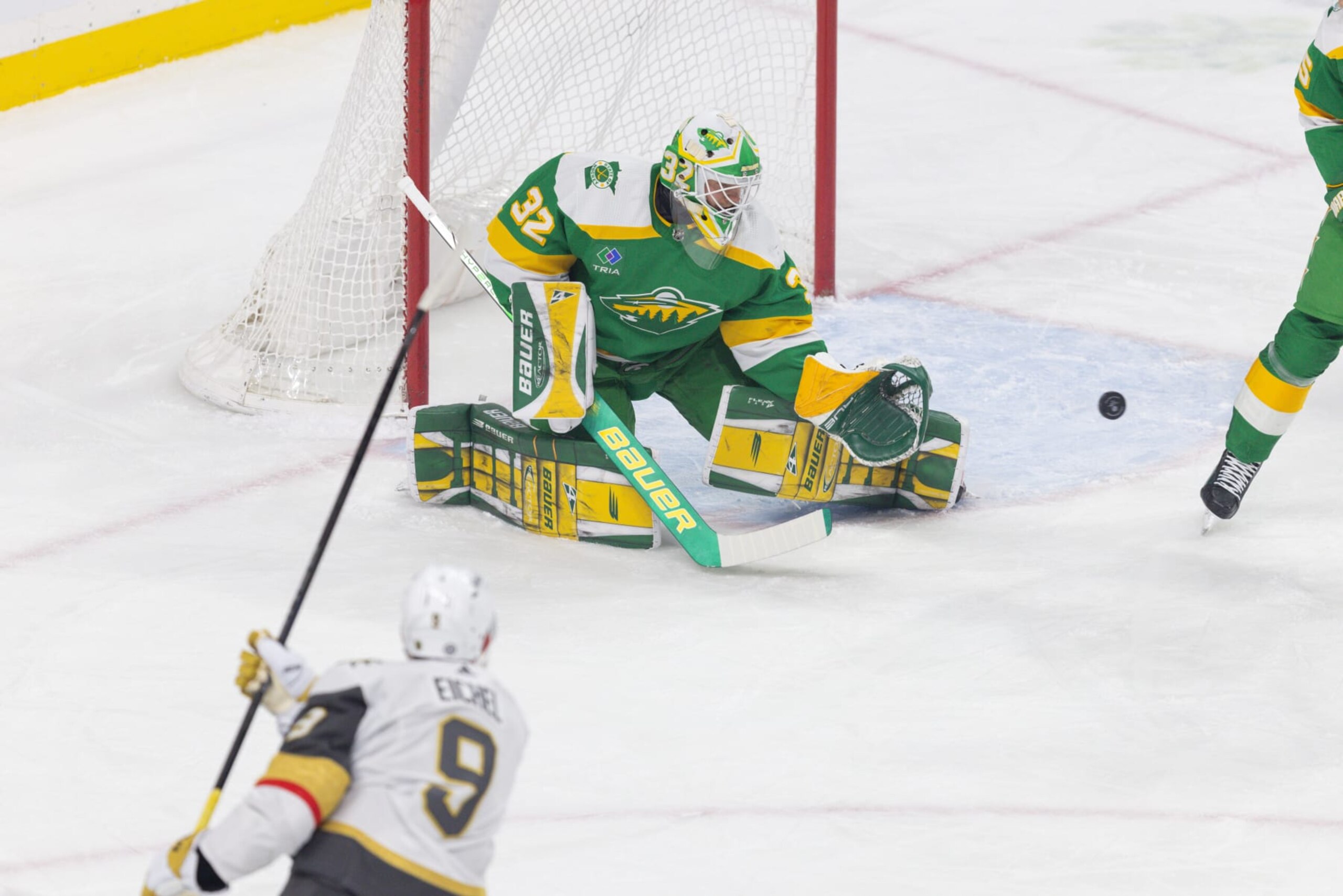 SAINT PAUL, MN - MARCH 30: Minnesota Wild goaltender Filip Gustavsson (32) makes a save on a shot from Vegas Golden Knights center Jack Eichel (9) during the first period of the NHL game between the Vegas Golden Knights and the Minnesota Wild on March 30th, 2024, at the Xcel Energy Center in Saint Paul, MN. (Photo by Bailey Hillesheim/Icon Sportswire via Getty Images) SAINT PAUL, MN - MARCH 30: Minnesota Wild goaltender Filip Gustavsson (32) makes a save on a shot from Vegas Golden Knights center Jack Eichel (9) during the first period of the NHL game between the Vegas Golden Knights and the Minnesota Wild on March 30th, 2024, at the Xcel Energy Center in Saint Paul, MN. (Photo by Bailey Hillesheim/Icon Sportswire via Getty Images)