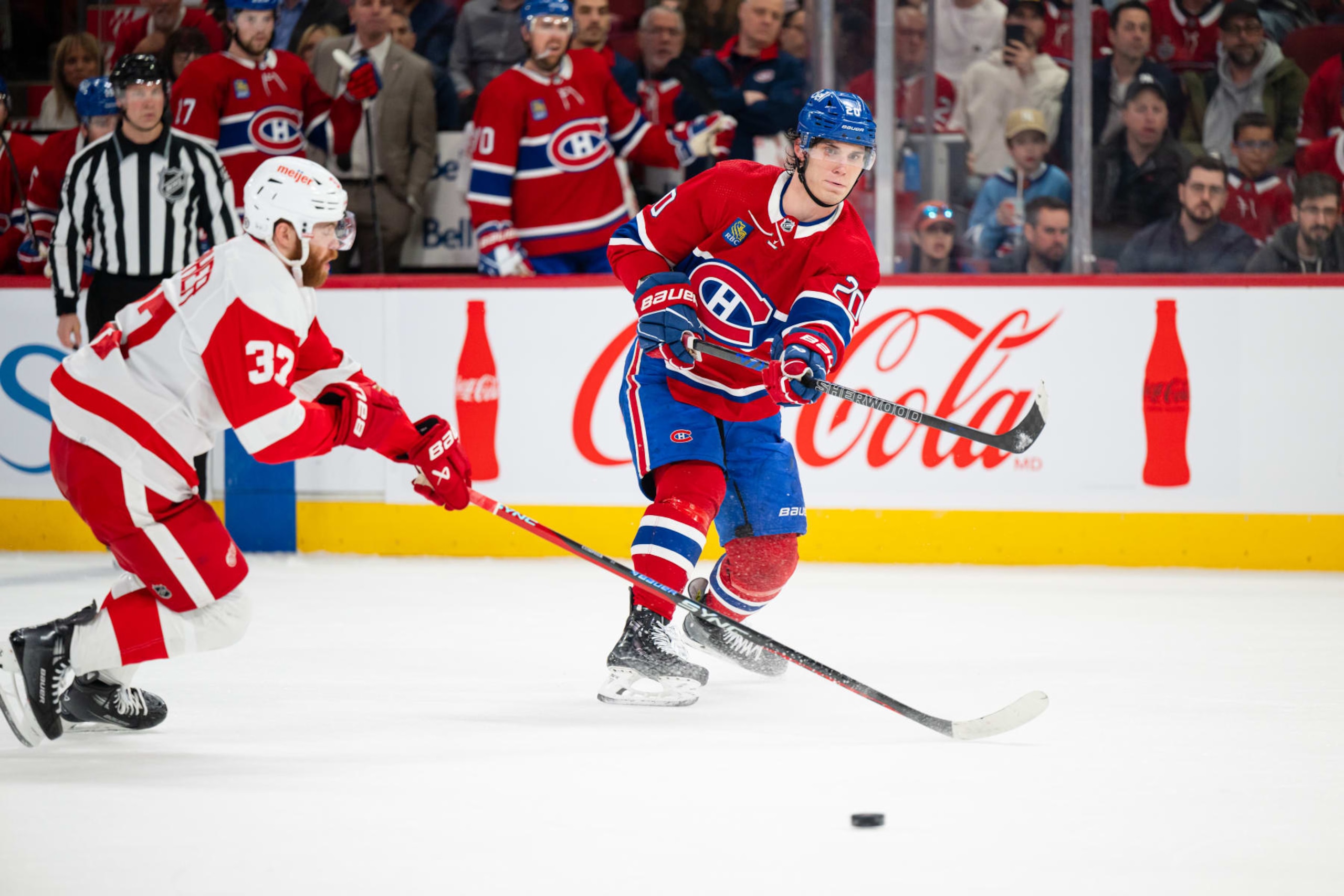 MONTREAL, CANADA - APRIL 16: Juraj Slafkovsky #20 of the Montreal Canadiens passes the puck during the second period the NHL regular season game between the Montreal Canadiens and the Detroit Red Wings at the Bell Centre on April 16, 2024 in Montreal, Quebec, Canada. (Photo by Matt Garies/NHLI via Getty Images) MONTREAL, CANADA - APRIL 16: Juraj Slafkovsky #20 of the Montreal Canadiens passes the puck during the second period the NHL regular season game between the Montreal Canadiens and the Detroit Red Wings at the Bell Centre on April 16, 2024 in Montreal, Quebec, Canada. (Photo by Matt Garies/NHLI via Getty Images)