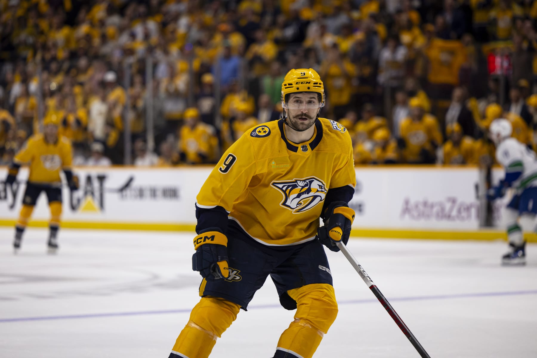 NASHVILLE, TENNESSEE - APRIL 28:  Filip Forsberg #9 of the Nashville Predators skates in defense against the Vancouver Canucks during the third period of Game Four of the First Round of the 2024 Stanley Cup Playoffs at Bridgestone Arena on April 28, 2024 in Nashville, Tennessee. (Photo by Brett Carlsen/Getty Images)