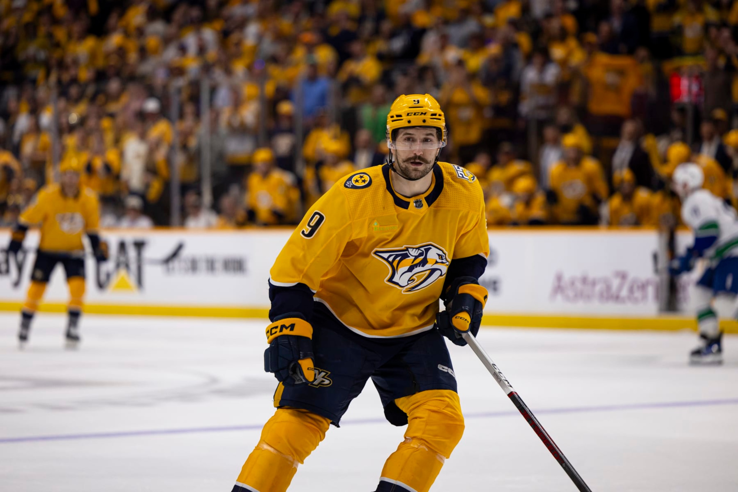 NASHVILLE, TENNESSEE - APRIL 28: Filip Forsberg #9 of the Nashville Predators skates in defense against the Vancouver Canucks during the third period of Game Four of the First Round of the 2024 Stanley Cup Playoffs at Bridgestone Arena on April 28, 2024 in Nashville, Tennessee. (Photo by Brett Carlsen/Getty Images) NASHVILLE, TENNESSEE - APRIL 28: Filip Forsberg #9 of the Nashville Predators skates in defense against the Vancouver Canucks during the third period of Game Four of the First Round of the 2024 Stanley Cup Playoffs at Bridgestone Arena on April 28, 2024 in Nashville, Tennessee. (Photo by Brett Carlsen/Getty Images)