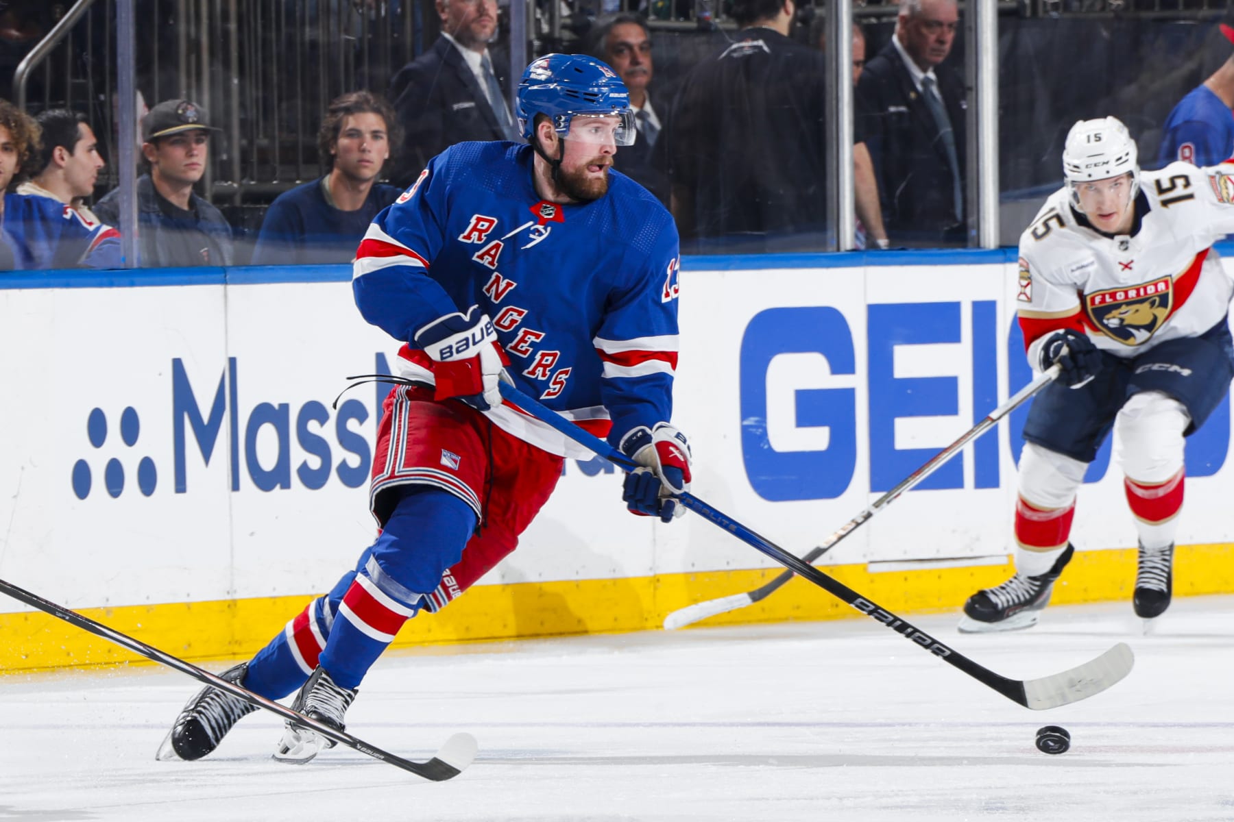 NEW YORK, NY - MAY 24: Alexis Lafreniere #13 of the New York Rangers skates with the puck during the third period against the Florida Panthers in Game Two of the Eastern Conference Final of the 2024 Stanley Cup Playoffs at Madison Square Garden on May 24, 2024 in New York City. (Photo by Jared Silber/NHLI via Getty Images)