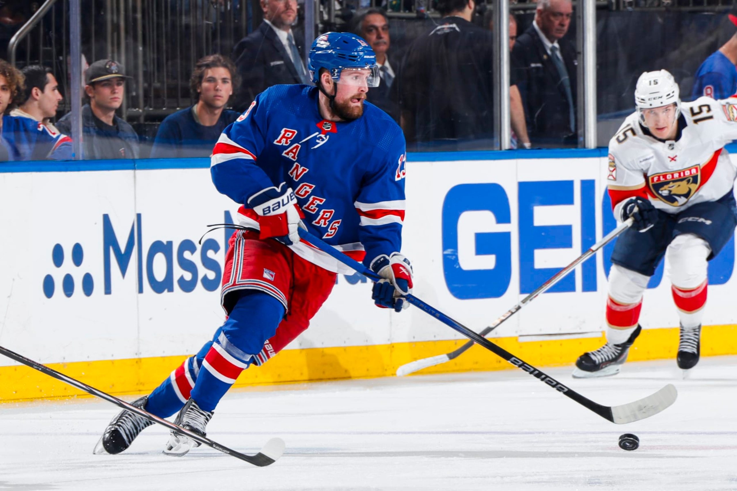 NEW YORK, NY - MAY 24: Alexis Lafreniere #13 of the New York Rangers skates with the puck during the third period against the Florida Panthers in Game Two of the Eastern Conference Final of the 2024 Stanley Cup Playoffs at Madison Square Garden on May 24, 2024 in New York City. (Photo by Jared Silber/NHLI via Getty Images) NEW YORK, NY - MAY 24: Alexis Lafreniere #13 of the New York Rangers skates with the puck during the third period against the Florida Panthers in Game Two of the Eastern Conference Final of the 2024 Stanley Cup Playoffs at Madison Square Garden on May 24, 2024 in New York City. (Photo by Jared Silber/NHLI via Getty Images)