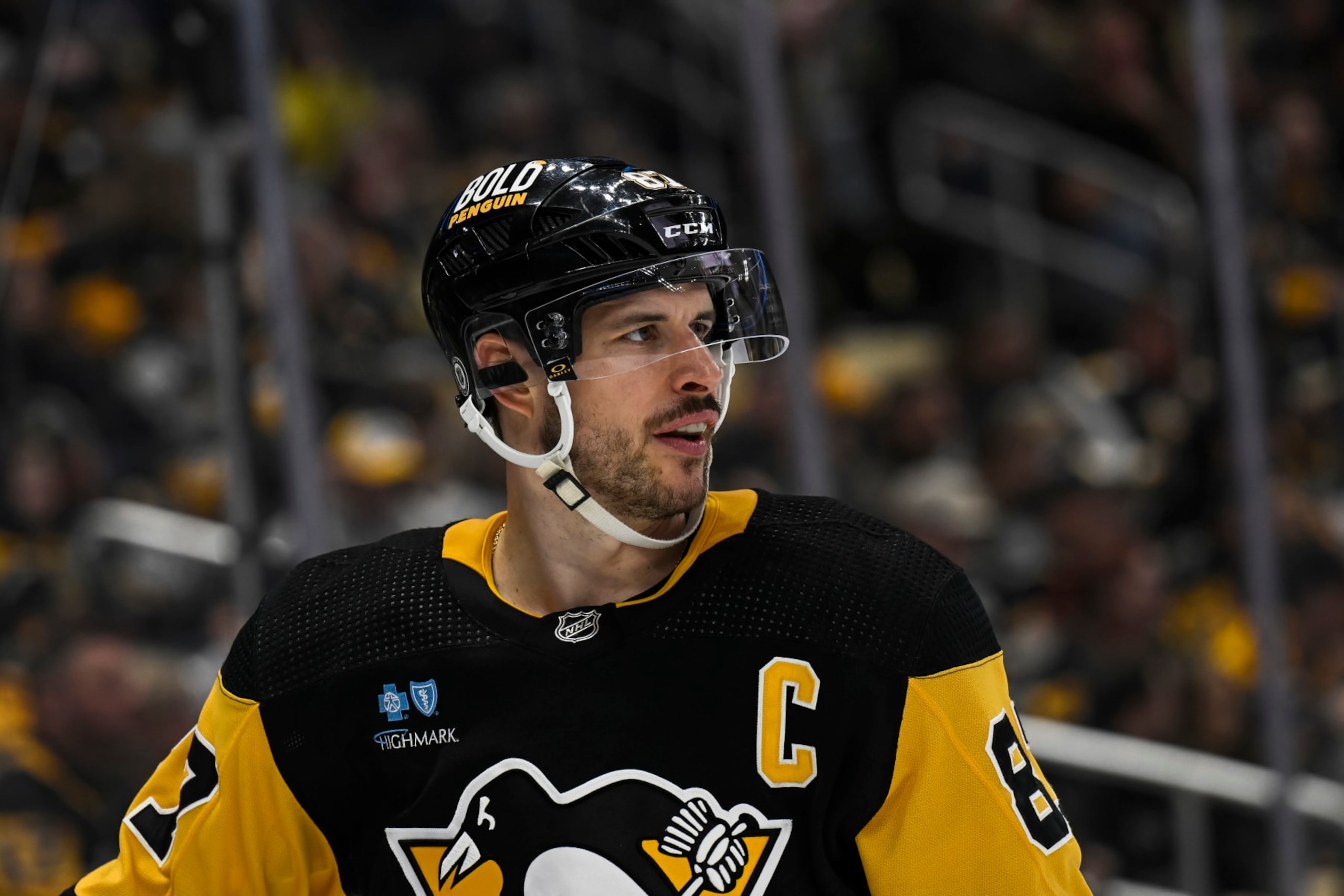 PITTSBURGH, PA - APRIL 13: Pittsburgh Penguins center Sidney Crosby (87) looks on during the third period in the NHL game between the Pittsburgh Penguins and the Boston Bruins on April 13, 2024, at PPG Paints Arena in Pittsburgh, PA. (Photo by Jeanine Leech/Icon Sportswire via Getty Images) PITTSBURGH, PA - APRIL 13: Pittsburgh Penguins center Sidney Crosby (87) looks on during the third period in the NHL game between the Pittsburgh Penguins and the Boston Bruins on April 13, 2024, at PPG Paints Arena in Pittsburgh, PA. (Photo by Jeanine Leech/Icon Sportswire via Getty Images)
