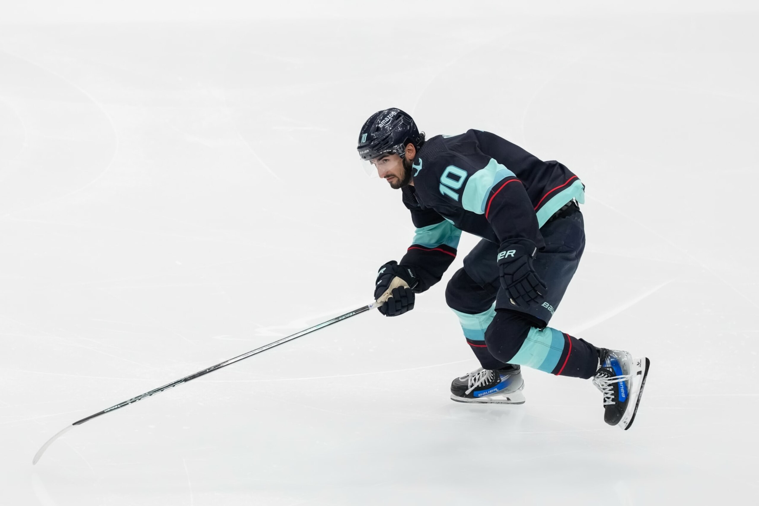 SEATTLE, WASHINGTON - APRIL 11: Matty Beniers #10 of the Seattle Kraken skates during the second period of a game against the San Jose Sharks at Climate Pledge Arena on April 11, 2024 in Seattle, Washington. (Photo by Christopher Mast/NHLI via Getty Images) SEATTLE, WASHINGTON - APRIL 11: Matty Beniers #10 of the Seattle Kraken skates during the second period of a game against the San Jose Sharks at Climate Pledge Arena on April 11, 2024 in Seattle, Washington. (Photo by Christopher Mast/NHLI via Getty Images)