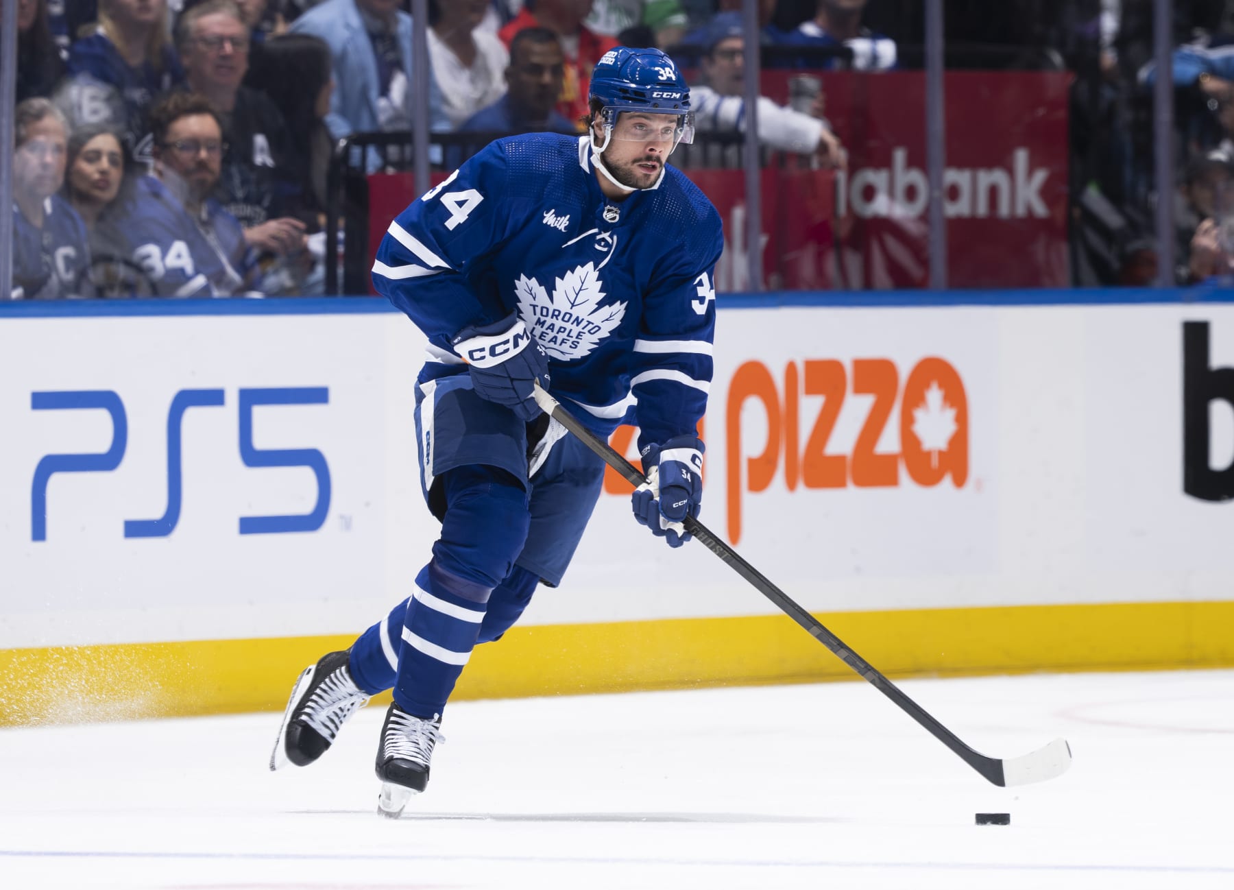 TORONTO, ON - APRIL 27: Auston Matthews #34 of the Toronto Maple Leafs skates against the Boston Bruins during the first period in Game Four of the First Round of the 2024 Stanley Cup Playoffs at Scotiabank Arena on April 27, 2024 in Toronto, Ontario, Canada. (Photo by Mark Blinch/NHLI via Getty Images)