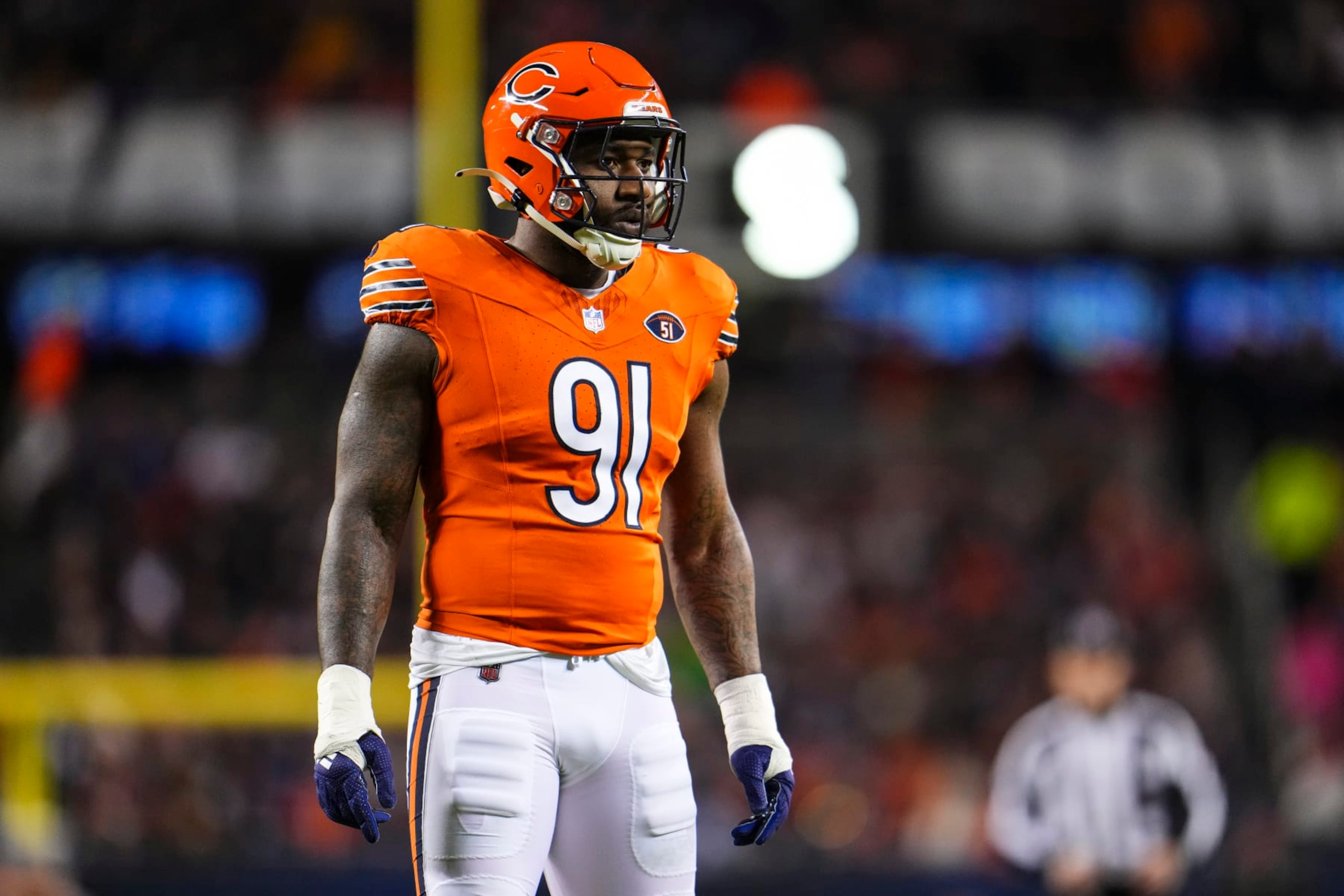CHICAGO, IL - NOVEMBER 09: Yannick Ngakoue #91 of the Chicago Bears lines up during an NFL football game against the Carolina Panthers at Soldier Field on November 9, 2023 in Chicago, Illinois. (Photo by Cooper Neill/Getty Images)