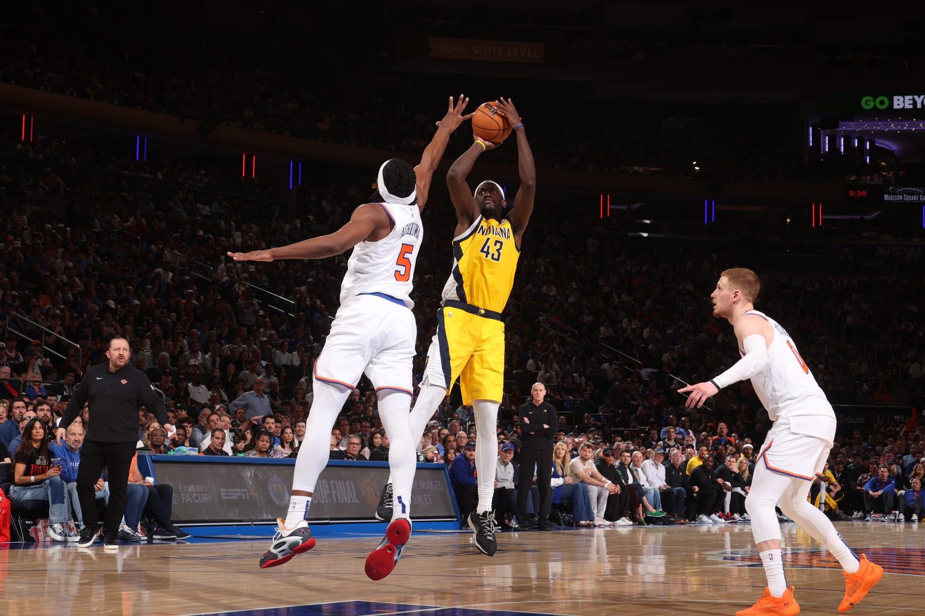 NEW YORK, NY - MAY 19: Pascal Siakam #43 of the Indiana Pacers shoots the ball during the game  against the New York Knicks during Round 2 Game 7 of the 2024 NBA Playoffs on May 19, 2024 at Madison Square Garden in New York City, New York.  NOTE TO USER: User expressly acknowledges and agrees that, by downloading and or using this photograph, User is consenting to the terms and conditions of the Getty Images License Agreement. Mandatory Copyright Notice: Copyright 2024 NBAE  (Photo by Nathaniel S. Butler/NBAE via Getty Images)