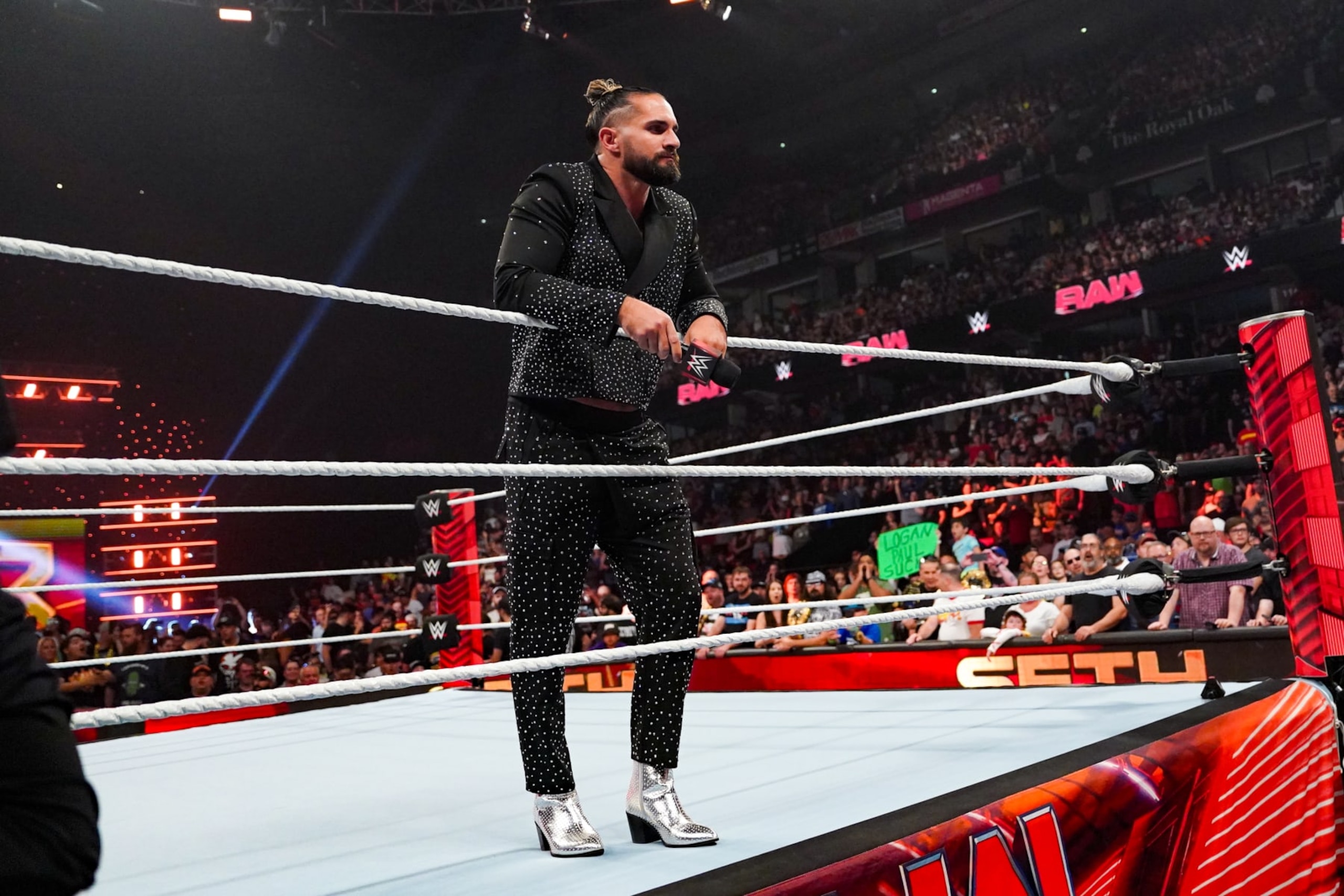 OTTAWA, CANADA - JULY 8: Seth Rollins confronts CM Punk during Monday Night RAW at Canadian Tire Centre on July 8, 2024 in Ottawa, Ontario.  (Photo by WWE/Getty Images)