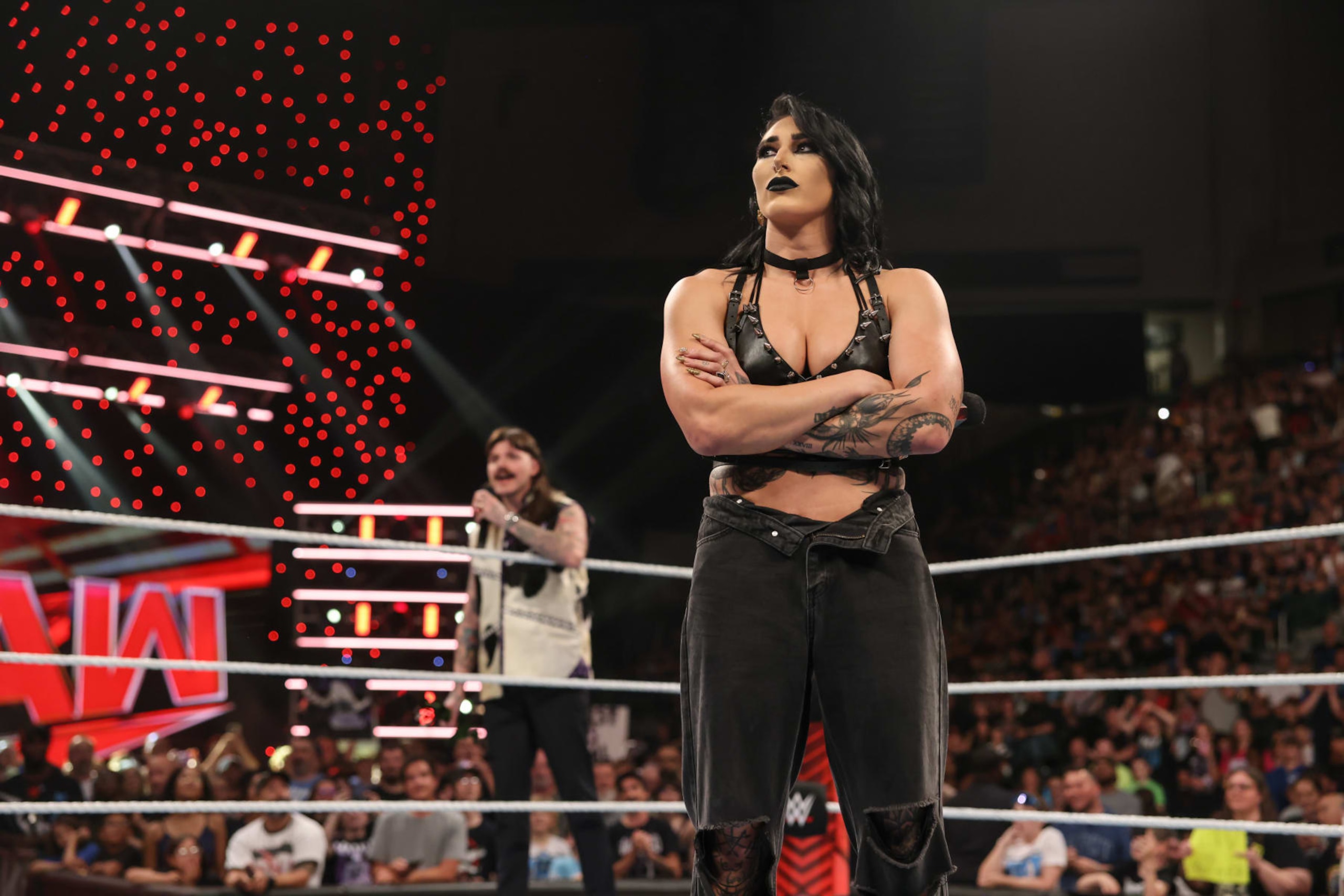 DAYTON, OHIO - JULY 15: Rhea Ripley looks on during Monday Night RAW at WSU Nutter Center on July 15, 2024 in Dayton, Ohio.  (Photo by WWE/Getty Images)