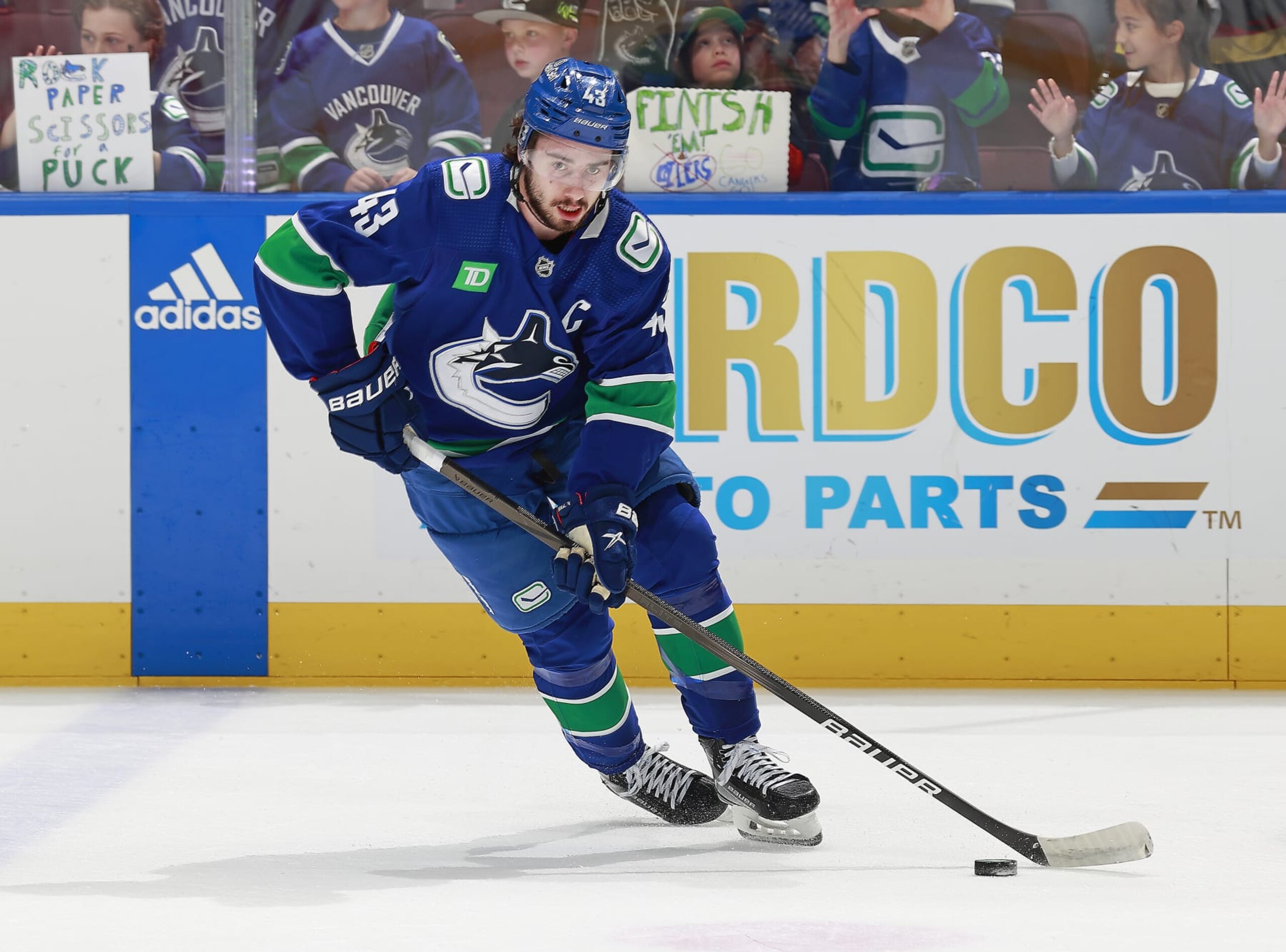 VANCOUVER, CANADA - MAY 20: Quinn Hughes #43 of the Vancouver Canucks skates up ice in Game Seven of the Second Round of the 2024 Stanley Cup Playoffs against the Edmonton Oilers at Rogers Arena on May 20, 2024 in Vancouver, British Columbia, Canada. (Photo by Jeff Vinnick/NHLI via Getty Images) VANCOUVER, CANADA - MAY 20: Quinn Hughes #43 of the Vancouver Canucks skates up ice in Game Seven of the Second Round of the 2024 Stanley Cup Playoffs against the Edmonton Oilers at Rogers Arena on May 20, 2024 in Vancouver, British Columbia, Canada. (Photo by Jeff Vinnick/NHLI via Getty Images)