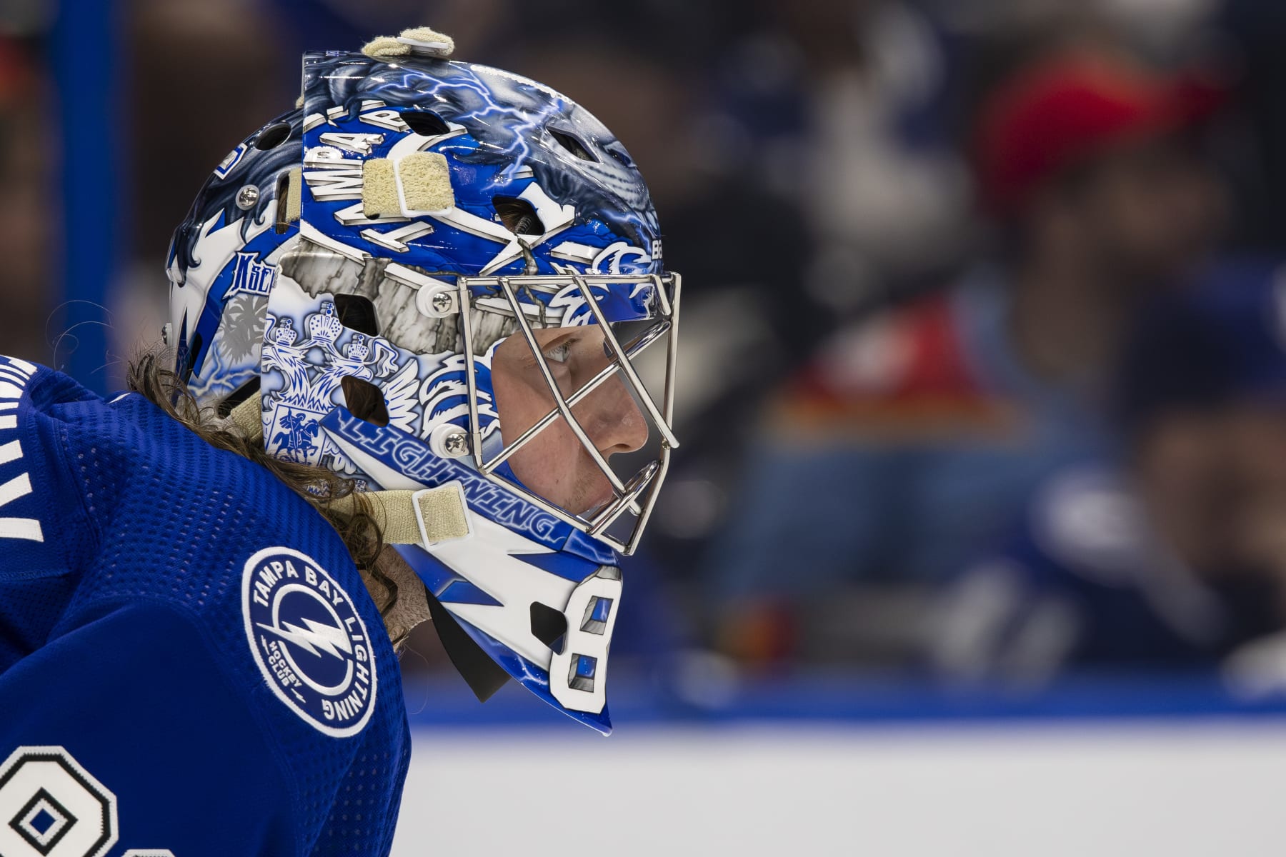 TAMPA, FL - APRIL 25: Goalie Andrei Vasilevskiy #88 of the Tampa Bay Lightning tends net against the Florida Panthers in Game Three of the First Round of the 2024 Stanley Cup Playoffs at Amalie Arena on April 25, 2024 in Tampa, Florida. (Photo by Vince Del Monte/NHLI via Getty Images)