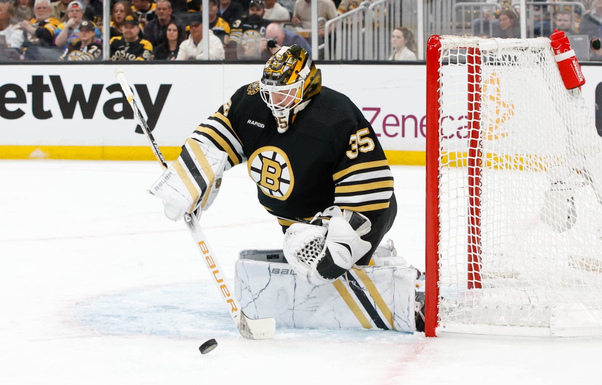BOSTON, MASSACHUSETTS - APRIL 22: Linus Ullmark #35 of the Boston Bruins makes a save against the Toronto Maple Leafs during the second period in Game Two of the First Round of the 2024 Stanley Cup Playoffs at the TD Garden on April 22, 2024 in Boston, Massachusetts. (Photo by Rich Gagnon/Getty Images) BOSTON, MASSACHUSETTS - APRIL 22: Linus Ullmark #35 of the Boston Bruins makes a save against the Toronto Maple Leafs during the second period in Game Two of the First Round of the 2024 Stanley Cup Playoffs at the TD Garden on April 22, 2024 in Boston, Massachusetts. (Photo by Rich Gagnon/Getty Images)