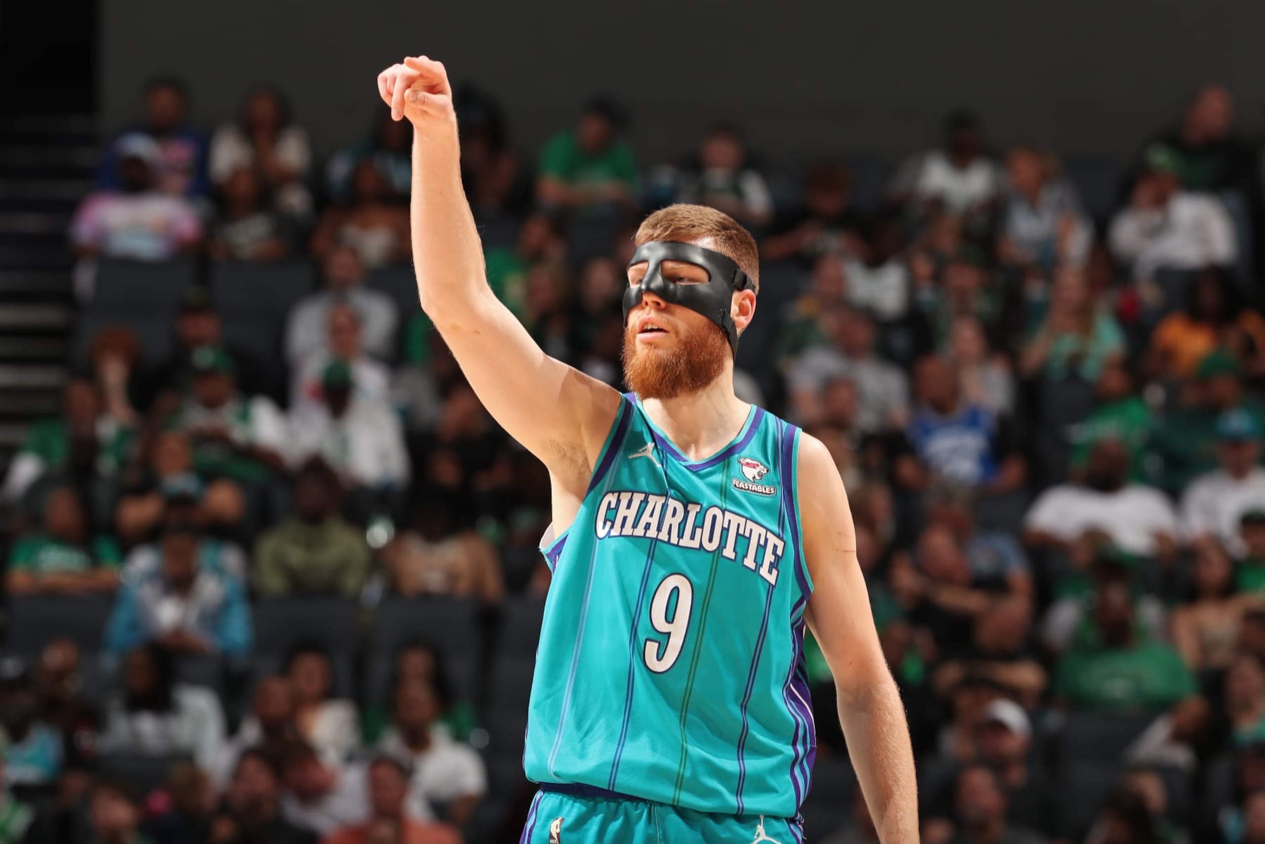 CHARLOTTE, NC - APRIL 1: Davis Bertans #9 of the Charlotte Hornets looks on during the game against the Boston Celtics on April 1, 2024 at Spectrum Center in Charlotte, North Carolina. NOTE TO USER: User expressly acknowledges and agrees that, by downloading and or using this photograph, User is consenting to the terms and conditions of the Getty Images License Agreement. Mandatory Copyright Notice: Copyright 2024 NBAE (Photo by Kent Smith/NBAE via Getty Images) 