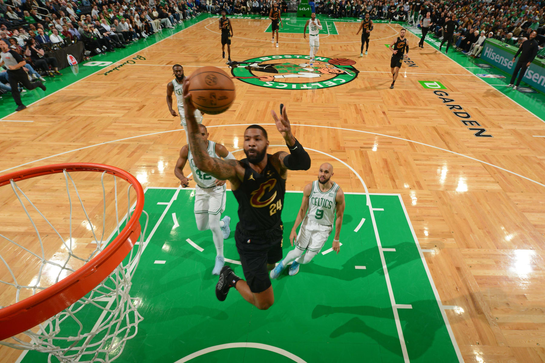BOSTON, MA - MAY 9: Marcus Morris Sr. #24 of the Cleveland Cavaliers drives to the basket during the game against the Boston Celtics during Round 2 Game 2 of the 2024 NBA Playoffs on May 9, 2024 at the TD Garden in Boston, Massachusetts. NOTE TO USER: User expressly acknowledges and agrees that, by downloading and or using this photograph, User is consenting to the terms and conditions of the Getty Images License Agreement. Mandatory Copyright Notice: Copyright 2024 NBAE (Photo by Brian Babineau/NBAE via Getty Images)