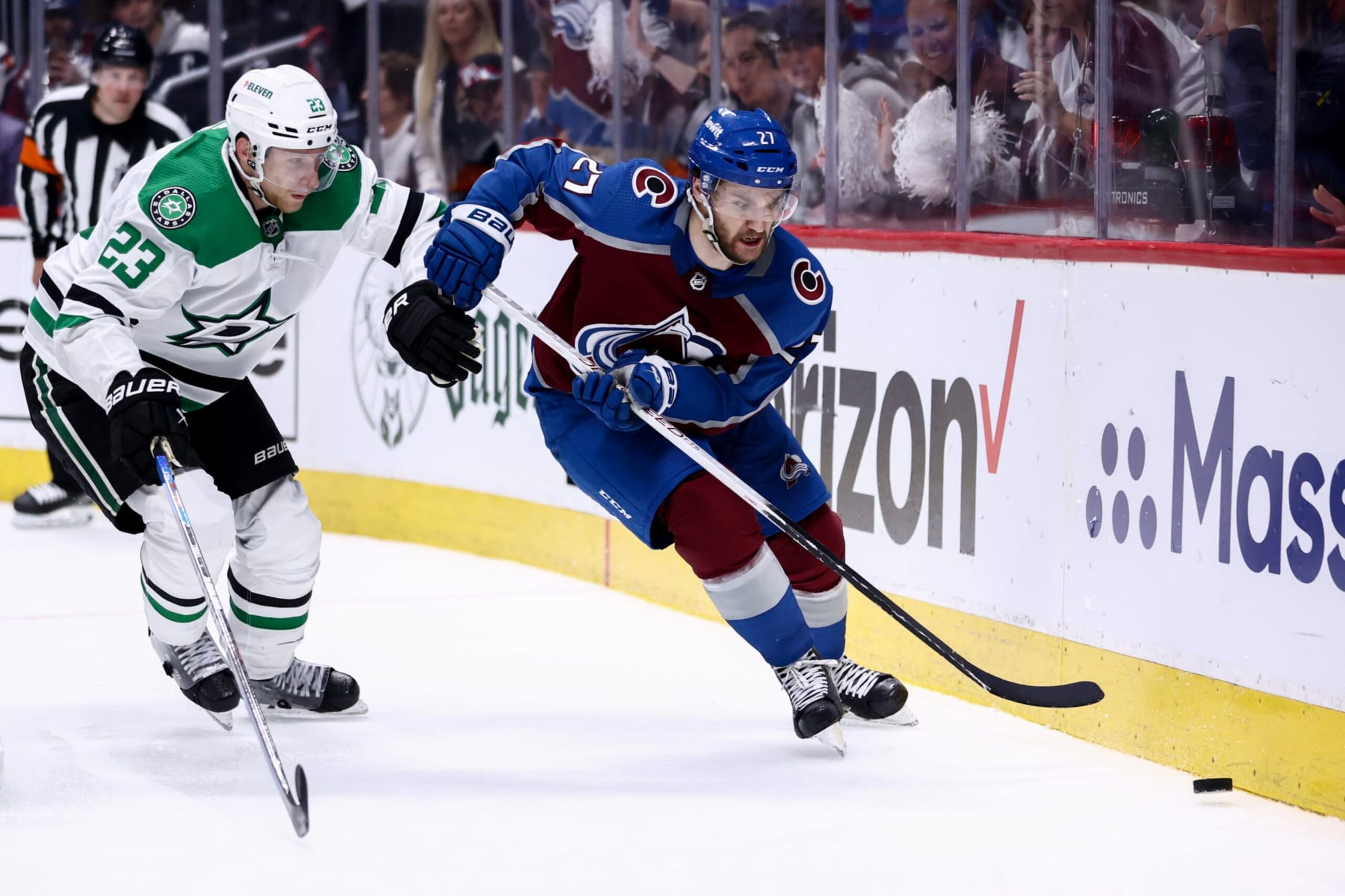 DENVER, COLORADO - MAY 17: Jonathan Drouin #27 of the Colorado Avalanche skates against Esa Lindell #23 of the Dallas Stars during the first overtime period in Game Six of the Second Round of the 2024 Stanley Cup Playoffs at Ball Arena on May 17, 2024 in Denver, Colorado. (Photo by Tyler Schank/Clarkson Creative/Getty Images) DENVER, COLORADO - MAY 17: Jonathan Drouin #27 of the Colorado Avalanche skates against Esa Lindell #23 of the Dallas Stars during the first overtime period in Game Six of the Second Round of the 2024 Stanley Cup Playoffs at Ball Arena on May 17, 2024 in Denver, Colorado. (Photo by Tyler Schank/Clarkson Creative/Getty Images)