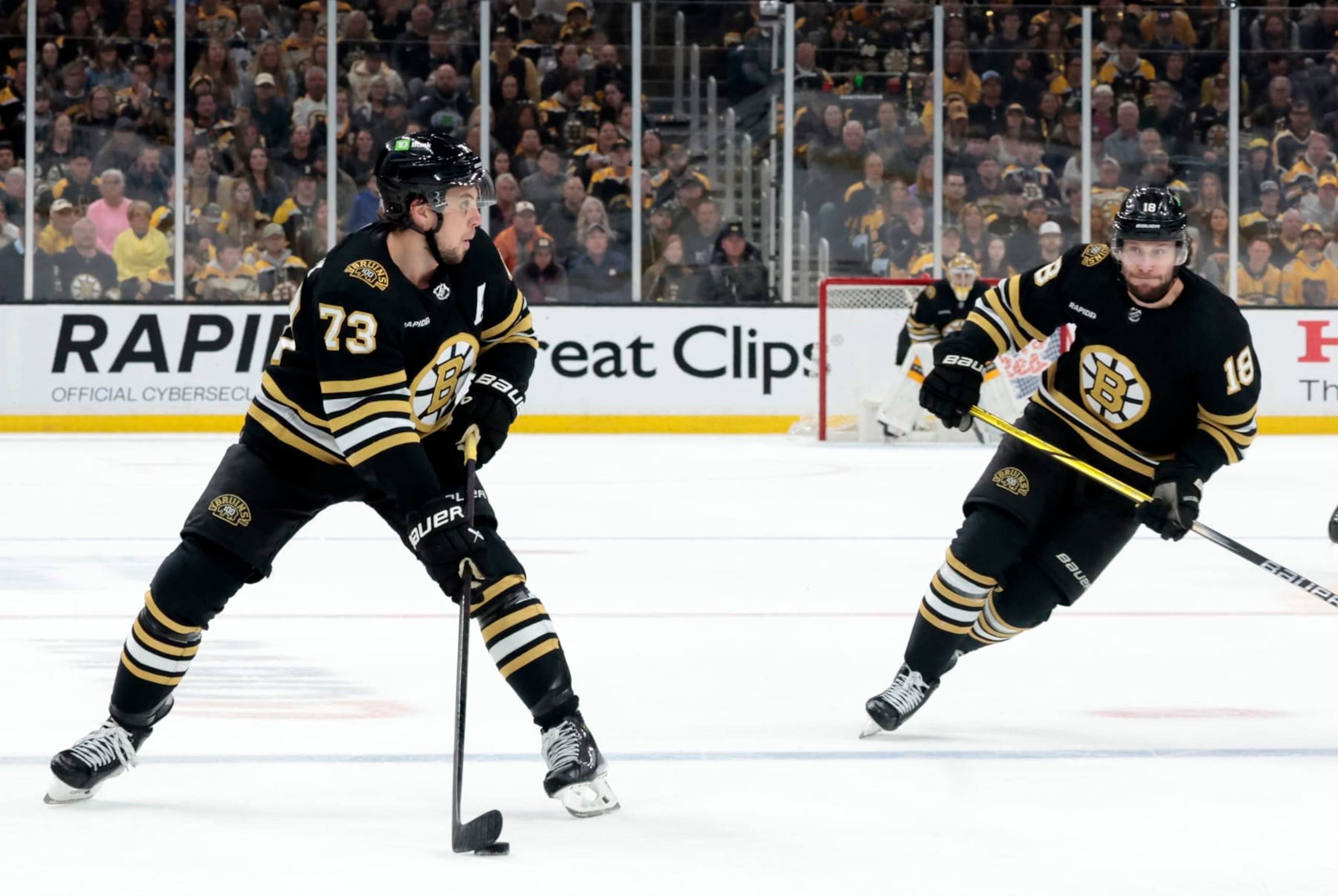BOSTON, MA - MAY 12: Boston Bruins right defenseman Charlie McAvoy (73) holds the puck and gains the blue line during Game 4 of the Eastern Conference Second Round playoffs between the Boston Bruins and the Florida Panthers on May 12 2024, at TD Garden in Boston, Massachusetts.(Photo by Fred Kfoury III/Icon Sportswire via Getty Images) BOSTON, MA - MAY 12: Boston Bruins right defenseman Charlie McAvoy (73) holds the puck and gains the blue line during Game 4 of the Eastern Conference Second Round playoffs between the Boston Bruins and the Florida Panthers on May 12 2024, at TD Garden in Boston, Massachusetts.(Photo by Fred Kfoury III/Icon Sportswire via Getty Images)
