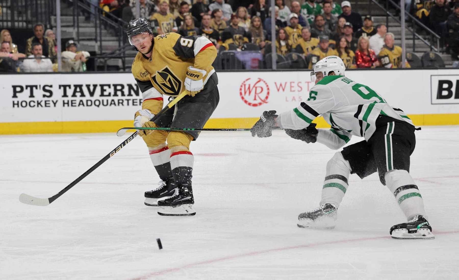LAS VEGAS, NEVADA - APRIL 29: Jack Eichel #9 of the Vegas Golden Knights receives a pass ahead of Matt Duchene #95 of the Dallas Stars in the second period of Game Four of the First Round of the 2024 Stanley Cup Playoffs at T-Mobile Arena on April 29, 2024 in Las Vegas, Nevada. The Stars defeated the Golden Knights 4-2. (Photo by Ethan Miller/Getty Images)