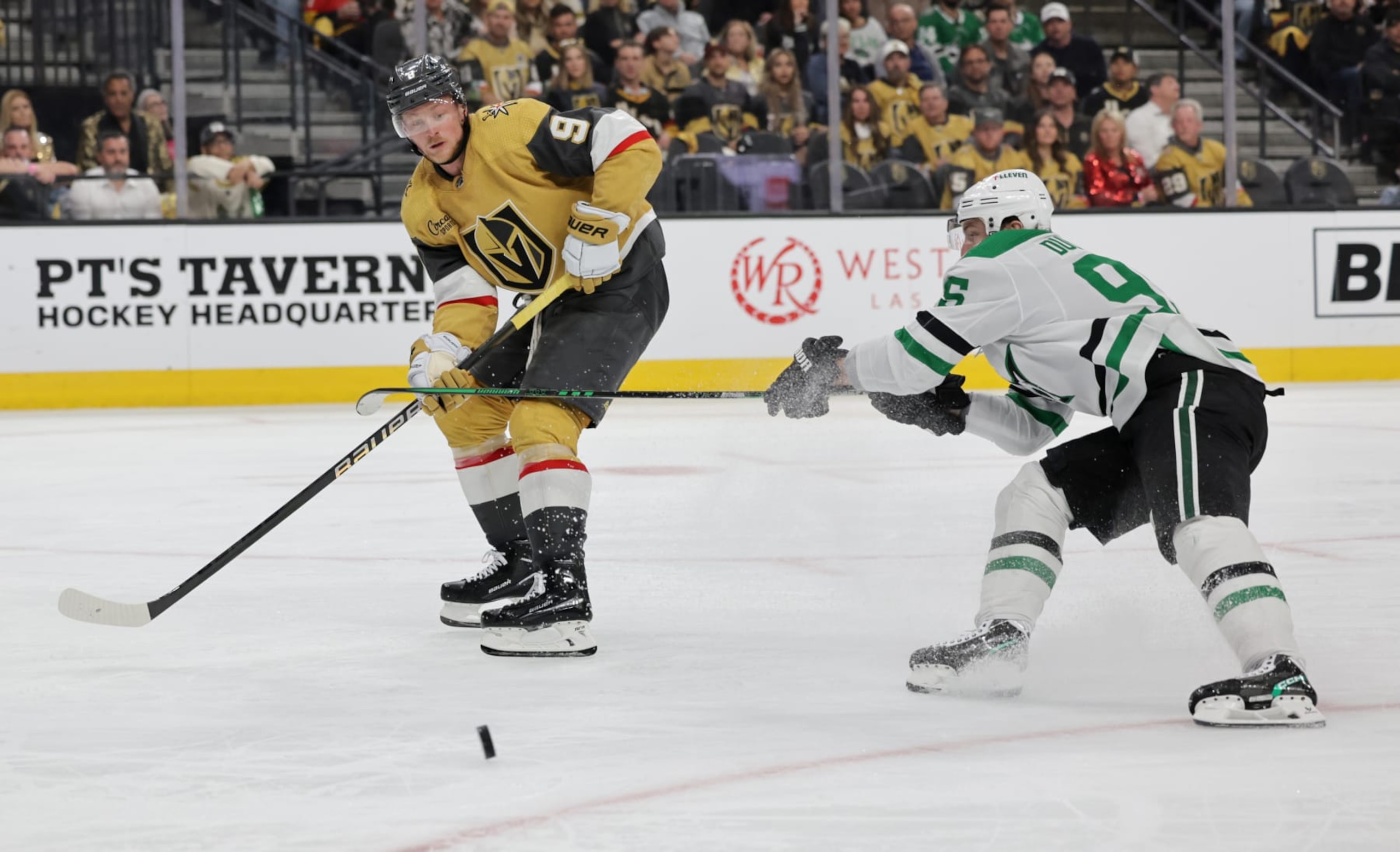 LAS VEGAS, NEVADA - APRIL 29: Jack Eichel #9 of the Vegas Golden Knights receives a pass ahead of Matt Duchene #95 of the Dallas Stars in the second period of Game Four of the First Round of the 2024 Stanley Cup Playoffs at T-Mobile Arena on April 29, 2024 in Las Vegas, Nevada. The Stars defeated the Golden Knights 4-2. (Photo by Ethan Miller/Getty Images) LAS VEGAS, NEVADA - APRIL 29: Jack Eichel #9 of the Vegas Golden Knights receives a pass ahead of Matt Duchene #95 of the Dallas Stars in the second period of Game Four of the First Round of the 2024 Stanley Cup Playoffs at T-Mobile Arena on April 29, 2024 in Las Vegas, Nevada. The Stars defeated the Golden Knights 4-2. (Photo by Ethan Miller/Getty Images)