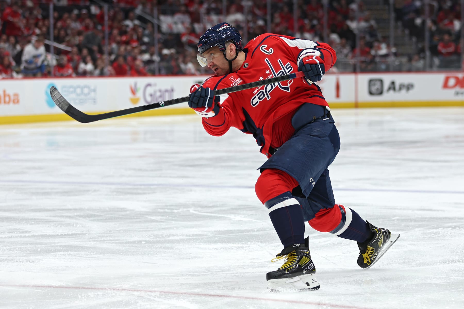 WASHINGTON, DC - APRIL 07: Alex Ovechkin #8 of the Washington Capitals shoots the puck against the Ottawa Senators during the second period at Capital One Arena on April 07, 2024 in Washington, DC. (Photo by Patrick Smith/Getty Images)
