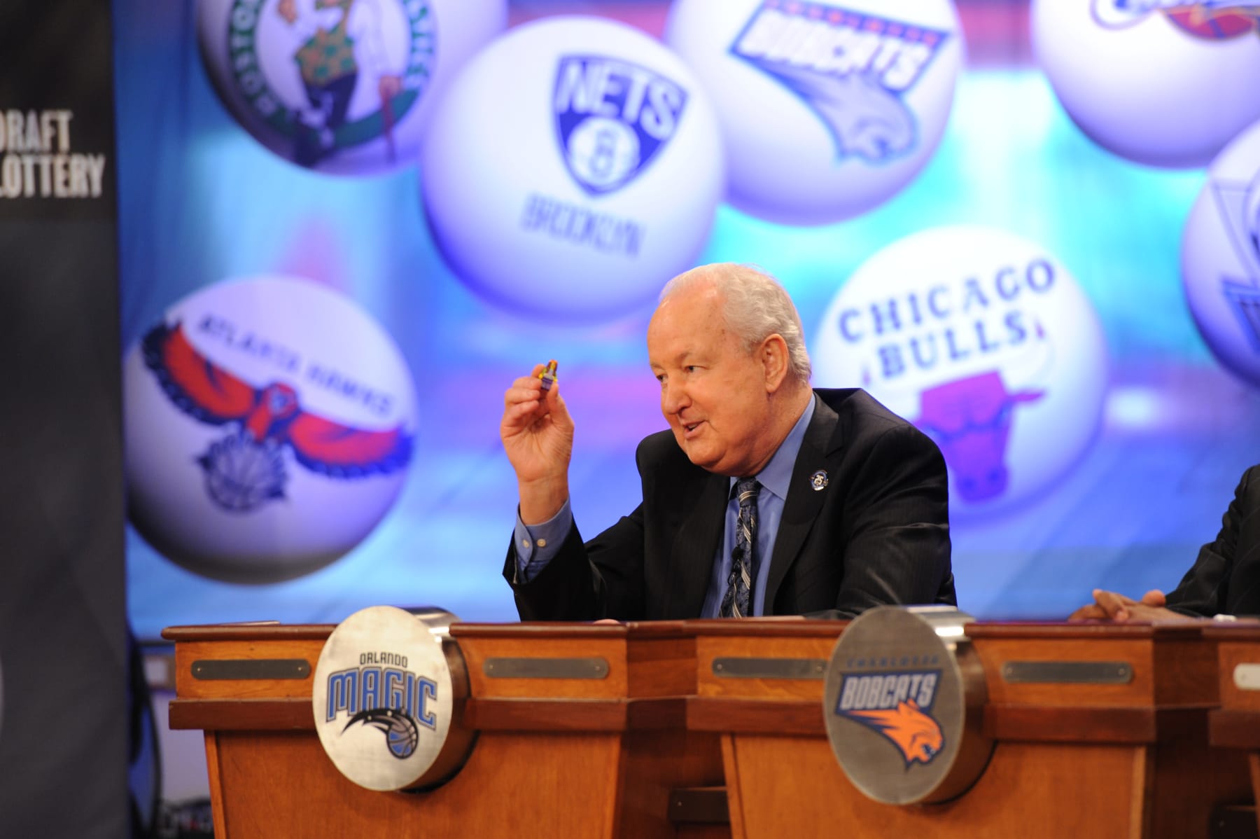 NEW YORK, NY - MAY 21: SVP Pat Williams of the Orlando Magic shows his good luck charm during the 2013 NBA Draft Lottery on May 21, 2013 at the ABC News' "Good Morning America" Times Square Studio in New York City. NOTE TO USER: User expressly acknowledges and agrees that, by downloading and/or using this photograph, user is consenting to the terms and conditions of the Getty Images License Agreement.  Mandatory Copyright Notice: Copyright 2013 NBAE (Photo by Jennifer Pottheiser/NBAE via Getty Images)