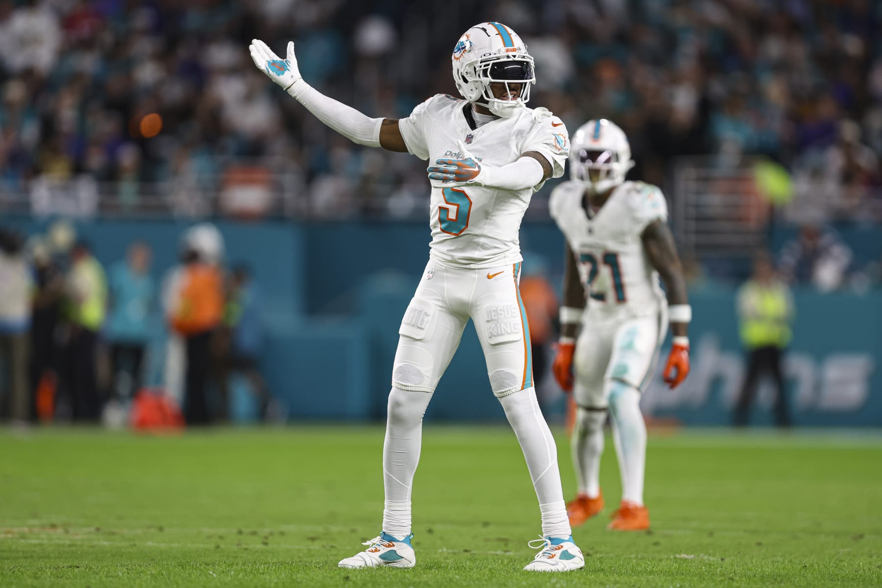 MIAMI GARDENS, FL - JANUARY 07: Jalen Ramsey #5 of the Miami Dolphins reacts during an NFL football game against the Buffalo Bills at Hard Rock Stadium on January 7, 2024 in Miami Gardens, Florida. (Photo by Perry Knotts/Getty Images)