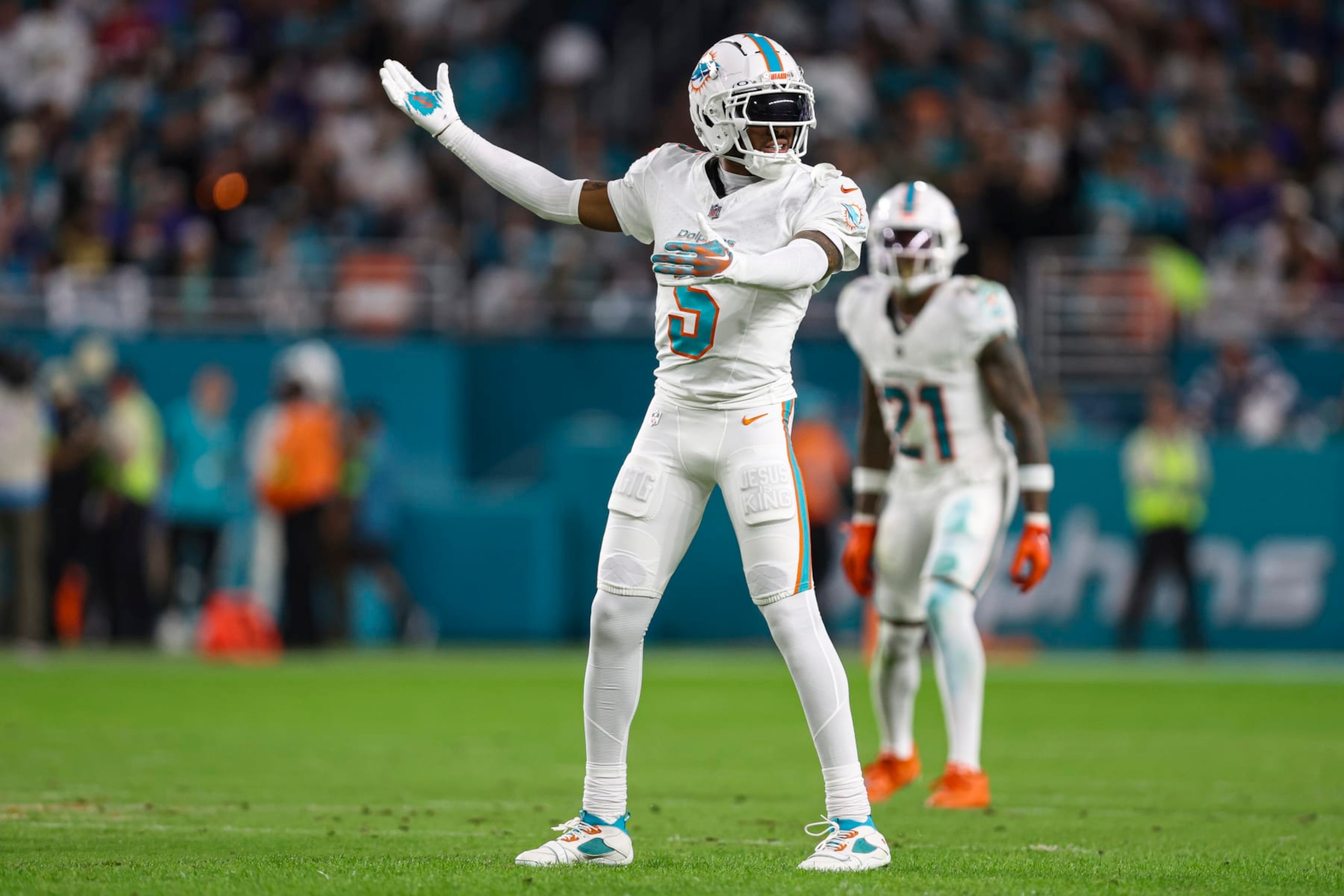 MIAMI GARDENS, FL - JANUARY 07: Jalen Ramsey #5 of the Miami Dolphins reacts during an NFL football game against the Buffalo Bills at Hard Rock Stadium on January 7, 2024 in Miami Gardens, Florida. (Photo by Perry Knotts/Getty Images)