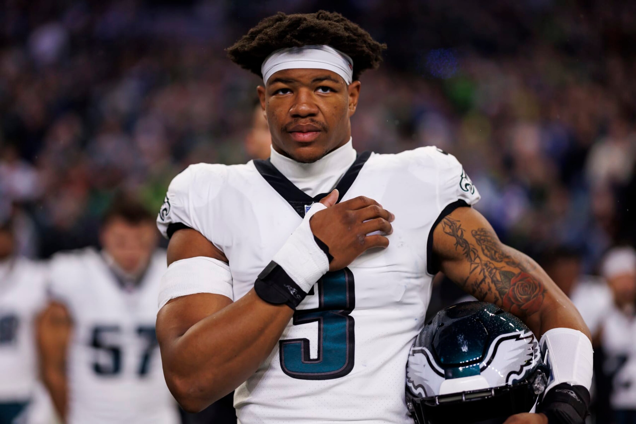 SEATTLE, WASHINGTON - DECEMBER 18: Nolan Smith #3 of the Philadelphia Eagles looks on from the sideline before an NFL football game against the Seattle Seahawks at Lumen Field on December 18, 2023 in Seattle, Washington. (Photo by Ryan Kang/Getty Images)