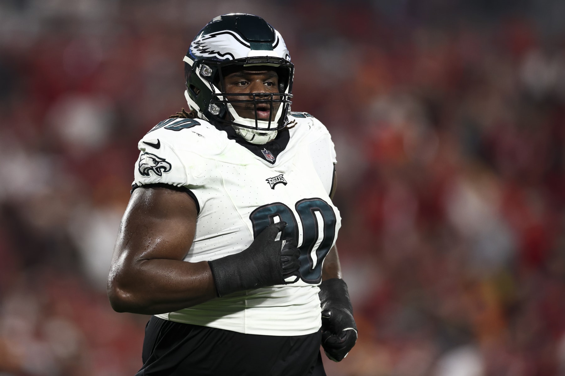 TAMPA, FL - JANUARY 15: Jordan Davis #90 of the Philadelphia Eagles jogs off the field during an NFL wild-card playoff football game against the Tampa Bay Buccaneers at Raymond James Stadium on January 15, 2024 in Tampa, Florida. (Photo by Kevin Sabitus/Getty Images)