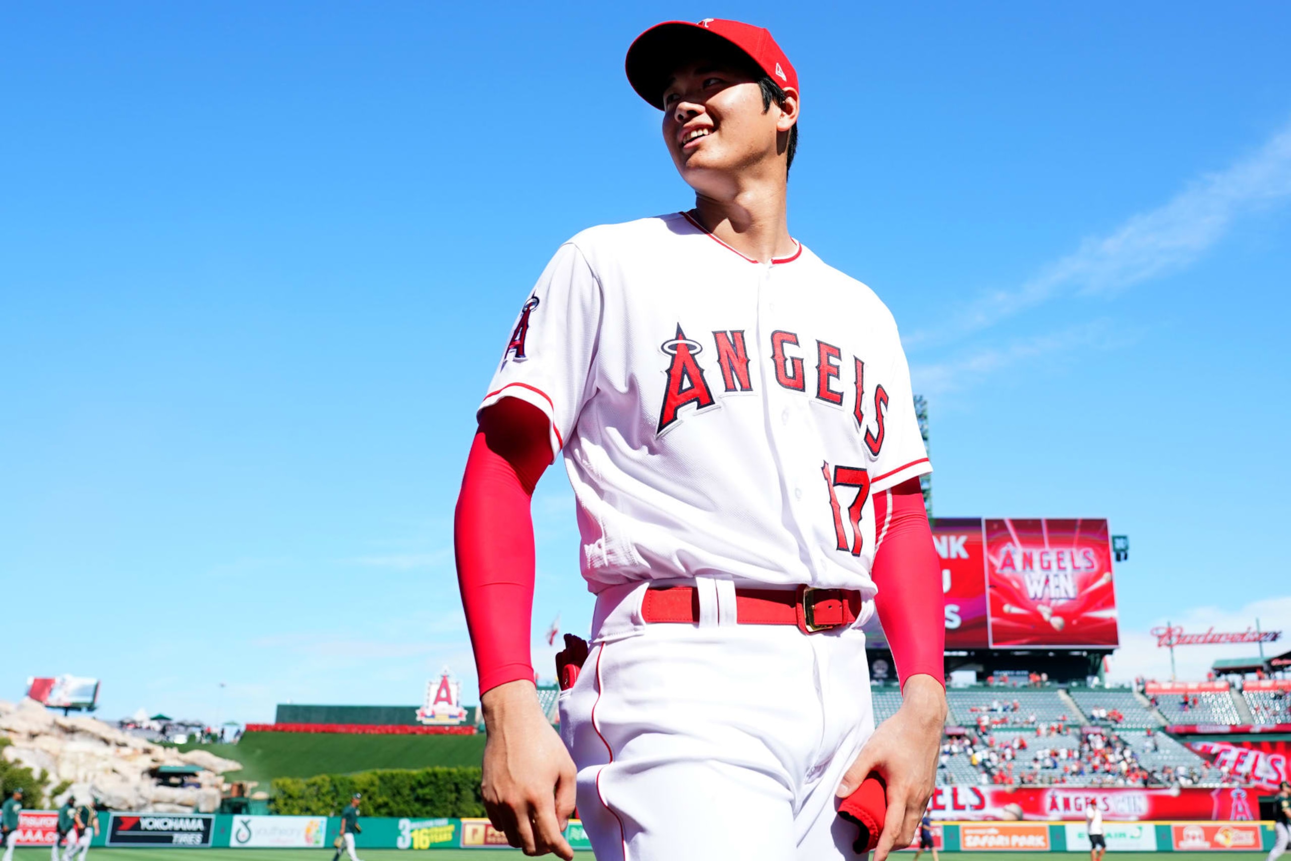 ANAHEIM, CA - SEPTEMBER 30:  Shohei Ohtani #17 of the Los Angeles Angels of Anaheim smiles during the game against the Oakland Athletics at Angel Stadium on September 30, 2018 in Anaheim, California.  (Photo by Masterpress/Getty Images)