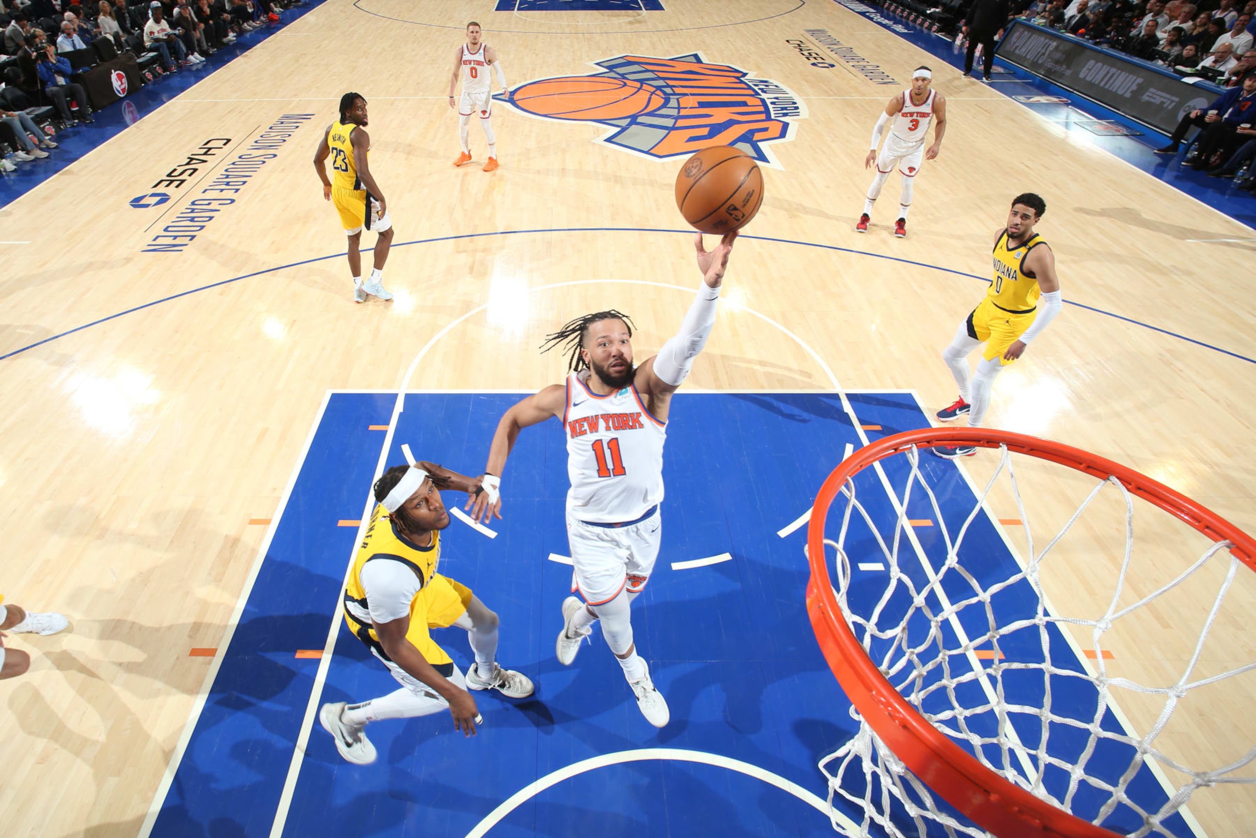 NEW YORK, NY - MAY 19: Jalen Brunson #11 of the New York Knicks drives to the basket during the game  against the Indiana Pacers during Round 2 Game 7 of the 2024 NBA Playoffs on May 19, 2024 at Madison Square Garden in New York City, New York.  NOTE TO USER: User expressly acknowledges and agrees that, by downloading and or using this photograph, User is consenting to the terms and conditions of the Getty Images License Agreement. Mandatory Copyright Notice: Copyright 2024 NBAE  (Photo by Nathaniel S. Butler/NBAE via Getty Images)