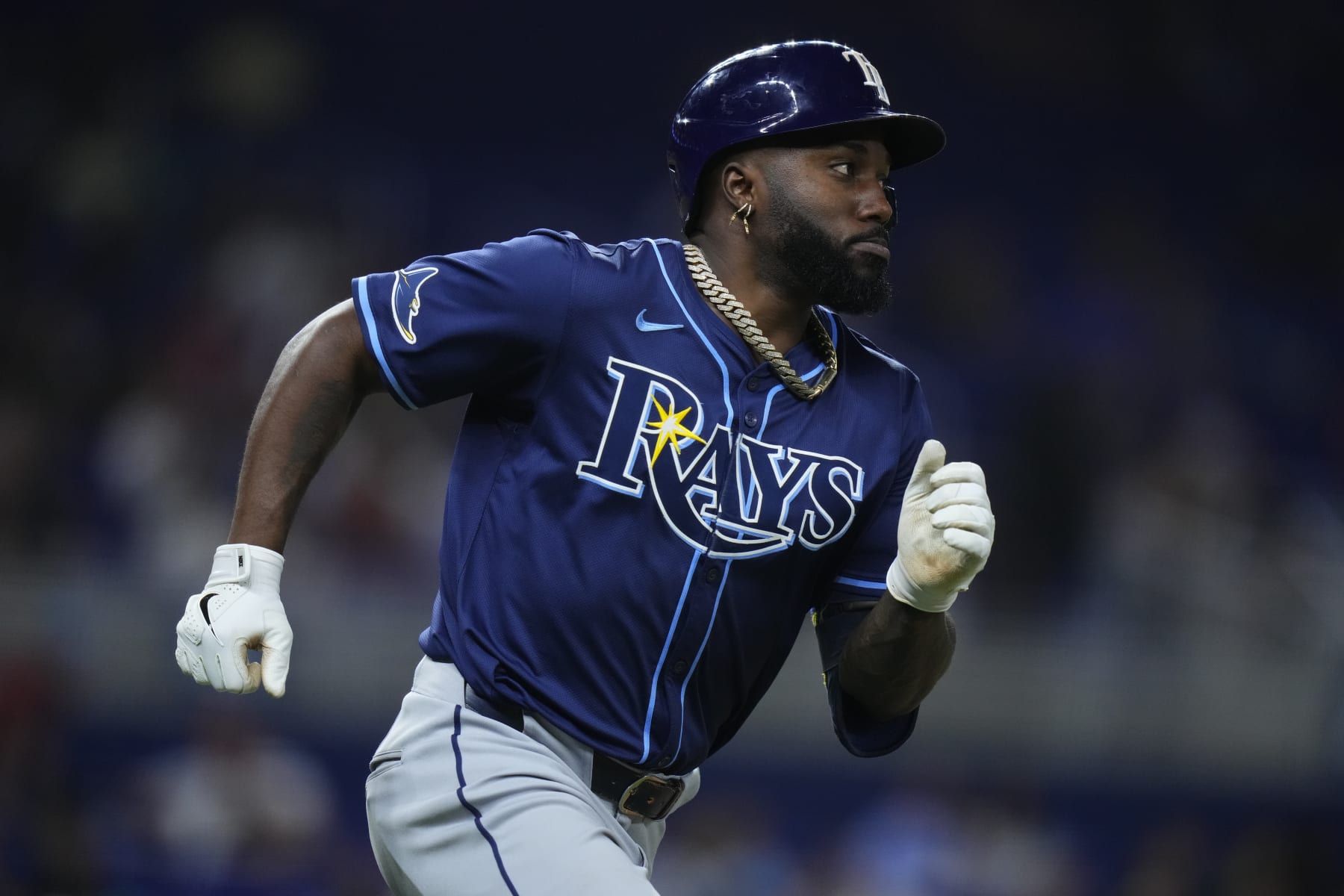 MIAMI, FLORIDA - JUNE 05: Randy Arozarena #56 of the Tampa Bay Rays runs to first base during a game against the Miami Marlins at loanDepot park on June 05, 2024 in Miami, Florida. (Photo by Rich Storry/Getty Images)