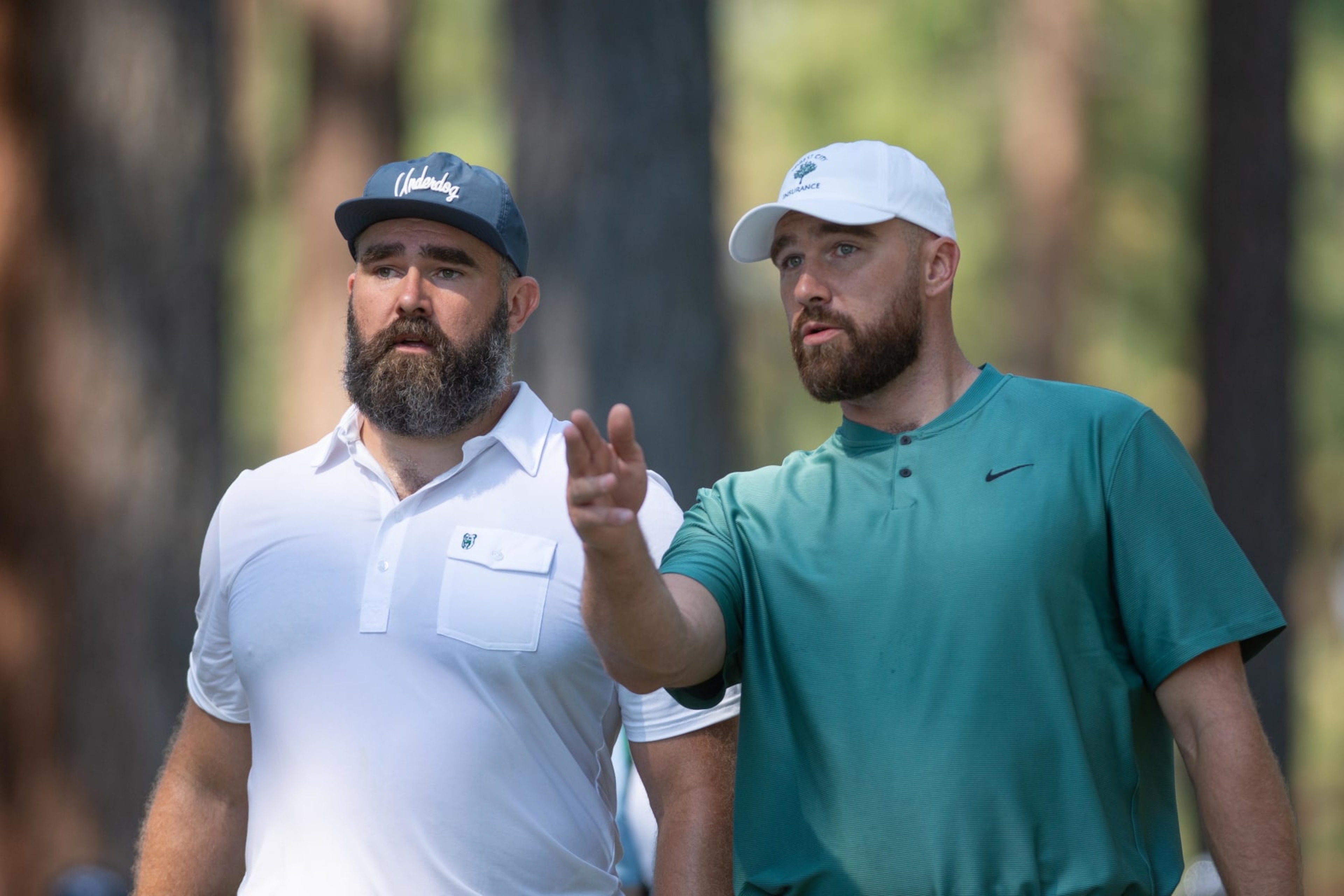 STATELINE, NEVADA - JULY 12: Travis Kelce and Jason Kelce during the ACC Celebrity Golf Championship presented by American Century Investments at Edgewood Tahoe Golf Course on July 12, 2024 in Stateline, Nevada.  (Photo by David Calvert/Getty Images for American Century Investments)