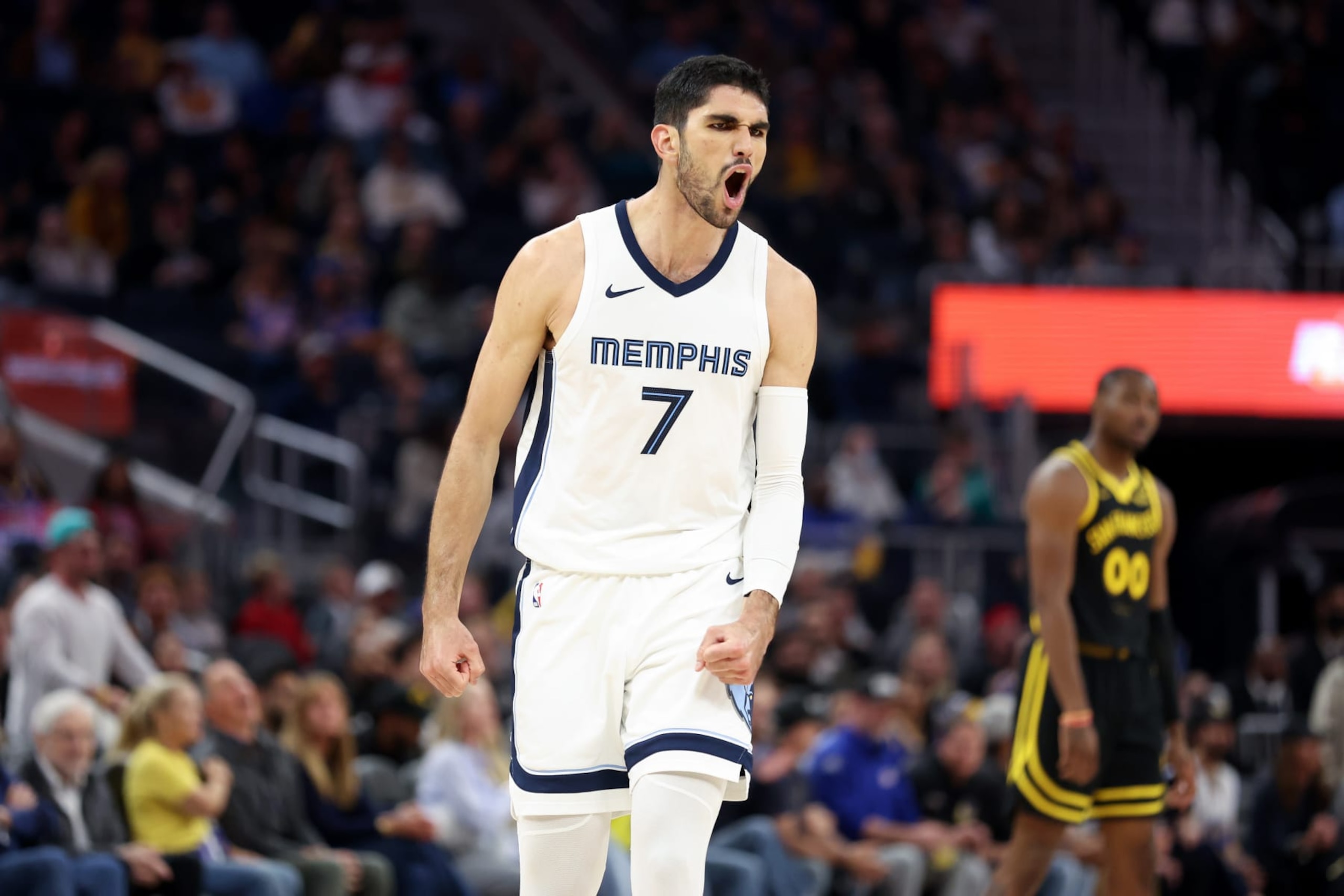 SAN FRANCISCO, CALIFORNIA - MARCH 20: Santi Aldama #7 of the Memphis Grizzlies reacts after making a basket against the Golden State Warriors in the first half at Chase Center on March 20, 2024 in San Francisco, California. NOTE TO USER: User expressly acknowledges and agrees that, by downloading and or using this photograph, User is consenting to the terms and conditions of the Getty Images License Agreement. (Photo by Ezra Shaw/Getty Images) SAN FRANCISCO, CALIFORNIA - MARCH 20: Santi Aldama #7 of the Memphis Grizzlies reacts after making a basket against the Golden State Warriors in the first half at Chase Center on March 20, 2024 in San Francisco, California. NOTE TO USER: User expressly acknowledges and agrees that, by downloading and or using this photograph, User is consenting to the terms and conditions of the Getty Images License Agreement. (Photo by Ezra Shaw/Getty Images)