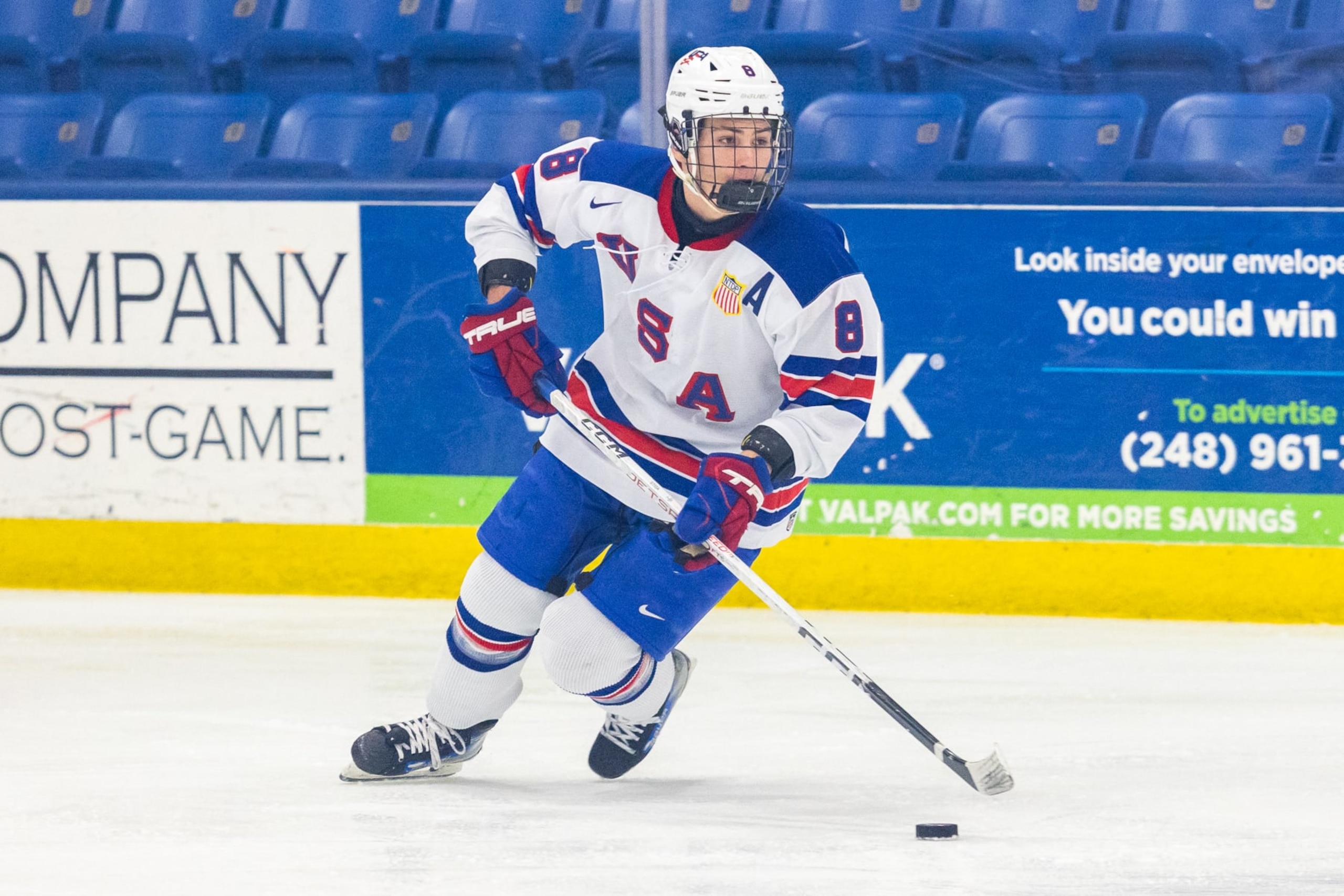 PLYMOUTH, MI - FEBRUARY 6: Teddy Stiga #8 of Team USA skates with the puck during U18 Five Nations Tournament between Team Switzerland and Team USA at USA Hockey Arena on February 6, 2024 in Plymouth, Michigan. (Photo by Michael Miller/ISI Photos/Getty Images)