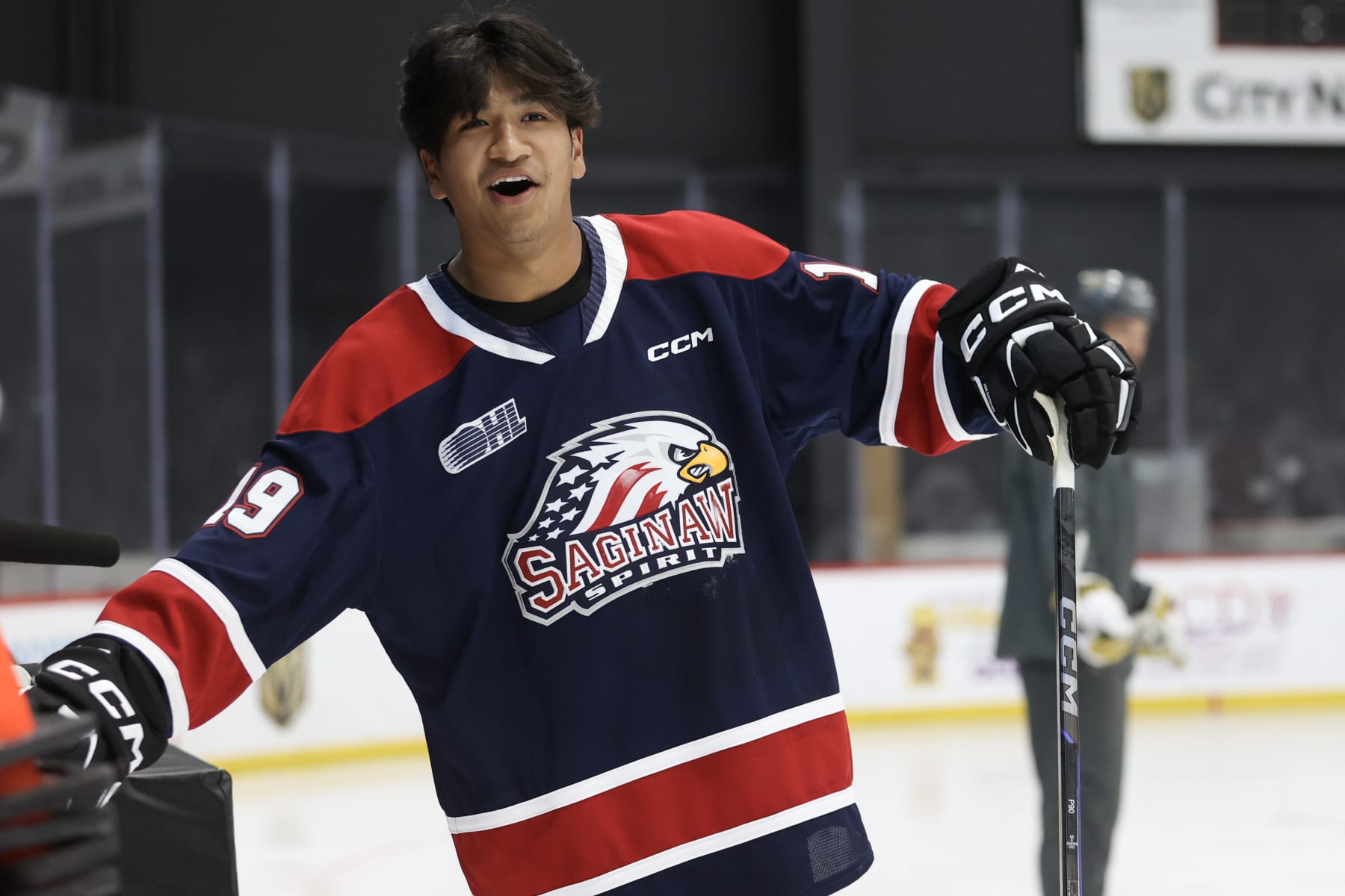 LAS VEGAS, NEVADA - JUNE 26: Zayne Parekh of the Saginaw Spirit laughs during a NHL Draft Prospect Youth Hockey Clinic at City National Arena on June 26, 2024 in Las Vegas, Nevada. (Photo by Ian Maule/NHLI via Getty Images)