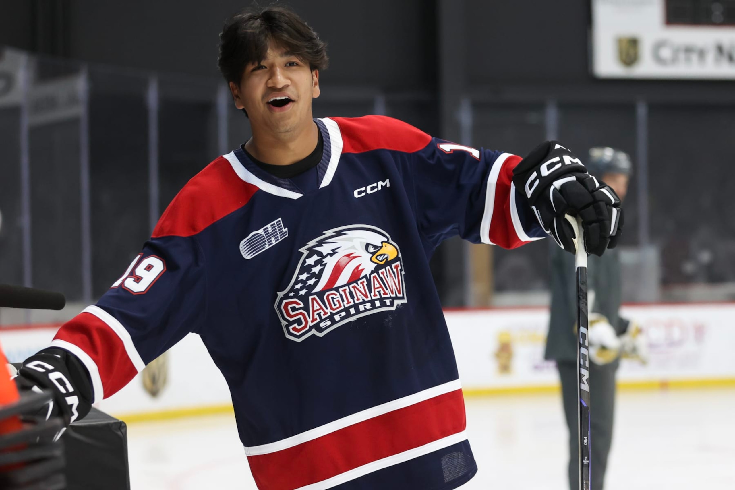 LAS VEGAS, NEVADA - JUNE 26: Zayne Parekh of the Saginaw Spirit laughs during a NHL Draft Prospect Youth Hockey Clinic at City National Arena on June 26, 2024 in Las Vegas, Nevada. (Photo by Ian Maule/NHLI via Getty Images)