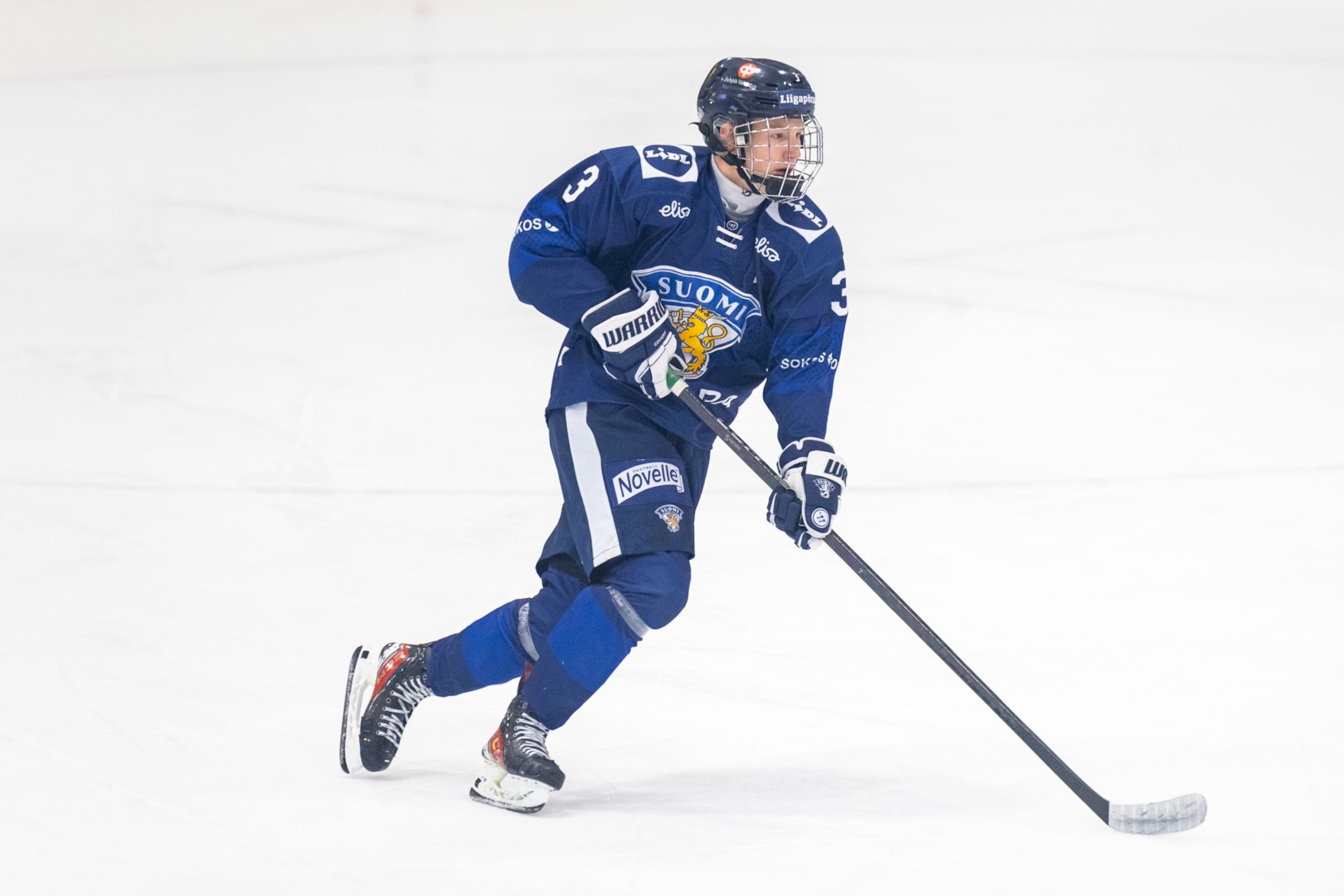 PLYMOUTH, MI - FEBRUARY 7: Daniel Nieminen #3 of Team Finland skates with the puck during U18 Five Nations Tournament between Team Finland and Team USA at USA Hockey Arena on February 7, 2024 in Plymouth, Michigan. (Photo by Michael Miller/ISI Photos/Getty Images)