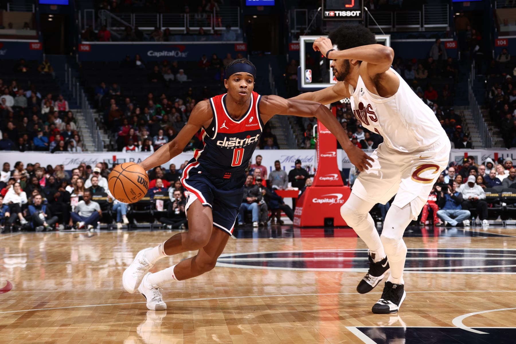 WASHINGTON, DC -  FEBRUARY 7: Bilal Coulibaly #0 of the Washington Wizards drives to the basket during the game against the Cleveland Cavaliers on February 7, 2024 at Capital One Arena in Washington, DC. NOTE TO USER: User expressly acknowledges and agrees that, by downloading and or using this Photograph, user is consenting to the terms and conditions of the Getty Images License Agreement. Mandatory Copyright Notice: Copyright 2024 NBAE (Photo by Kenny Giarla/NBAE via Getty Images)